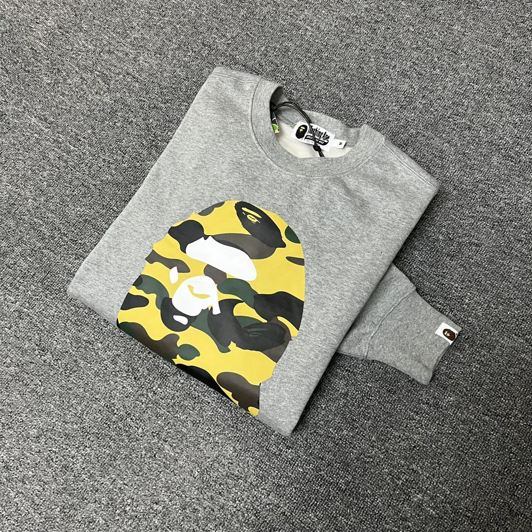💰250 BAPE camouflage ape head letter print round neck sweatshirt Customized fabric high quality 420g pure cotton weight Couple model: S-XXL [black gray]
