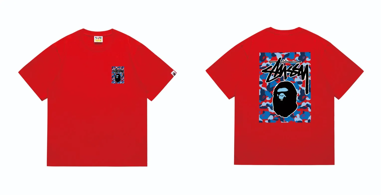SC203#p110💰 (Top version) BAPE×Stussy co-branded Stussy letter ape print T-shirt Made of 260 grams of high-quality high-weave pure cotton fabric, double yarn combed, soft texture without pilling, imported environmentally friendly printing glue, bright and three-dimensional pattern, quality 💥Same style for men and women, the upper body is fashionable Color: black, blue and white, white, blue and white, pink, blue and white, gray, blue and white, red, blue and white, black, blue and black, white, blue and black Pink blue black Gray blue black Red blue black Size: S M L XL XXL