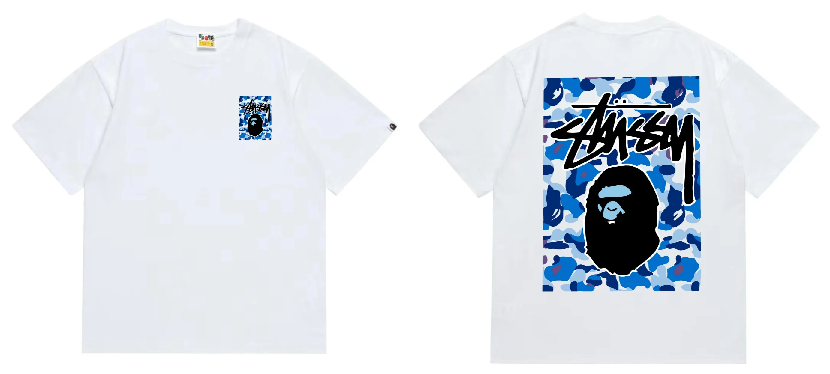 SC203#p110💰 (Top version) BAPE×Stussy co-branded Stussy letter ape print T-shirt Made of 260 grams of high-quality high-weave pure cotton fabric, double yarn combed, soft texture without pilling, imported environmentally friendly printing glue, bright and three-dimensional pattern, quality 💥Same style for men and women, the upper body is fashionable Color: black, blue and white, white, blue and white, pink, blue and white, gray, blue and white, red, blue and white, black, blue and black, white, blue and black Pink blue black Gray blue black Red blue black Size: S M L XL XXL