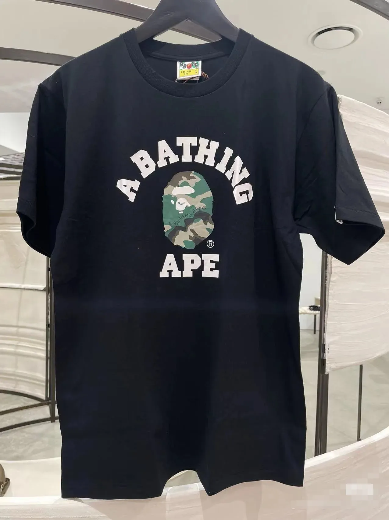 P110 001174 BAPE SS23 WOODLAND CAMO woodland camouflage series camouflage ape print short-sleeved T-shirt, same style for men and women, size smlxlxxl, black and white