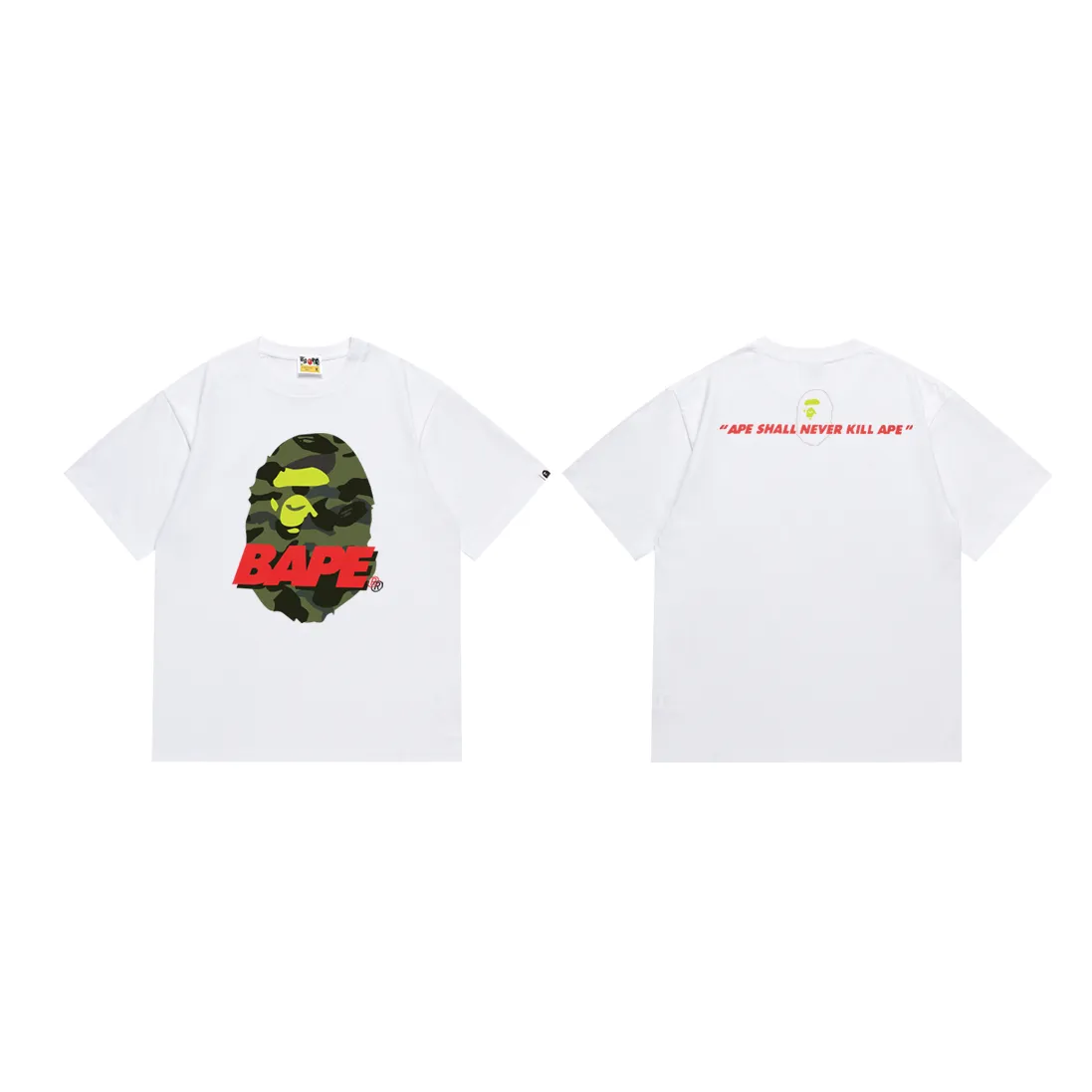 P110 SC024# (top version) BAPE camouflage ape head pattern contrast letter printed short-sleeved T-shirt Made of 260 grams of high-quality high-weave pure cotton fabric, double yarn combed, soft texture and no pilling Imported environmentally friendly printing glue The pattern is bright and three-dimensional Quality 💥Same style for men and women The upper body is trendy Color: Black White Size: S M L XL XXL