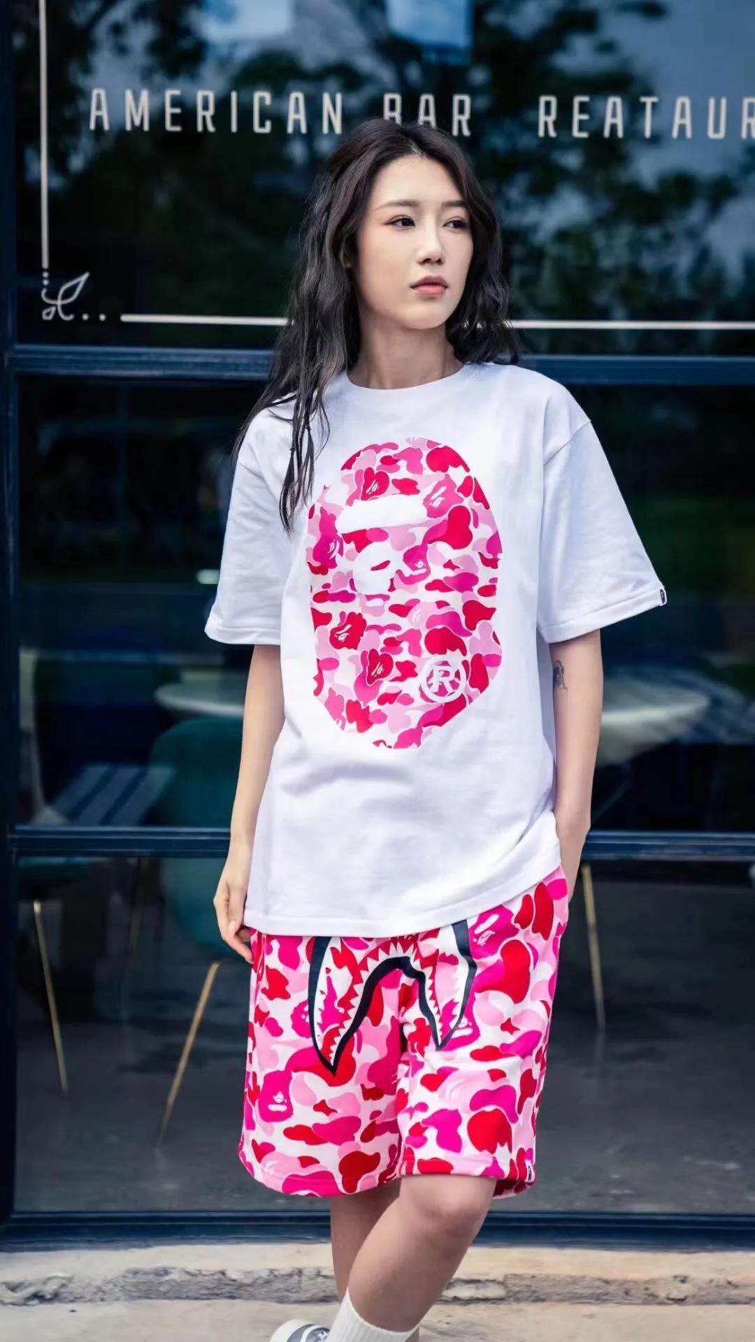 💰140 Bape Abc Blue Pink Green Camouflage Ape Man Reappearance 280g Couple Model: S-XXL [White Green Black Green White Blue Black Blue White Pink Black Pink]