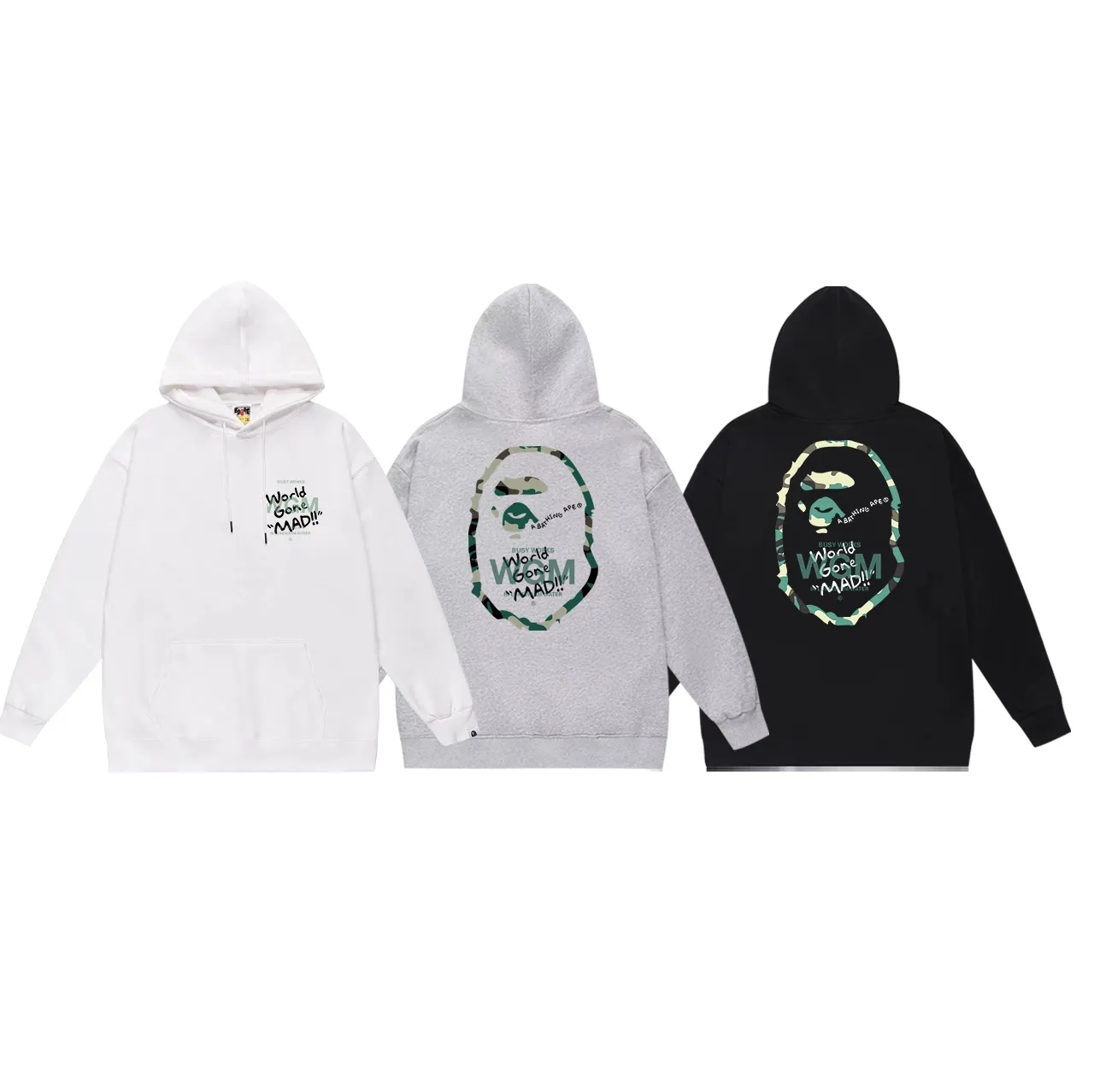 Model No. SC641# Terry p160 plus velvet p180💰 (top version) BAPE WOODLAND CAMO WGM forest camouflage ape letter printed hooded sweatshirt. Made of 380g large terry 430g silver fox velvet (drop shoulder large version) fabric. The texture is soft and non-pilling. Imported environmentally friendly printing glue. The pattern is bright and three-dimensional. Quality💥Same style for men and women. The upper body is trendy. Color: black white gray Size: S M L XL XXL