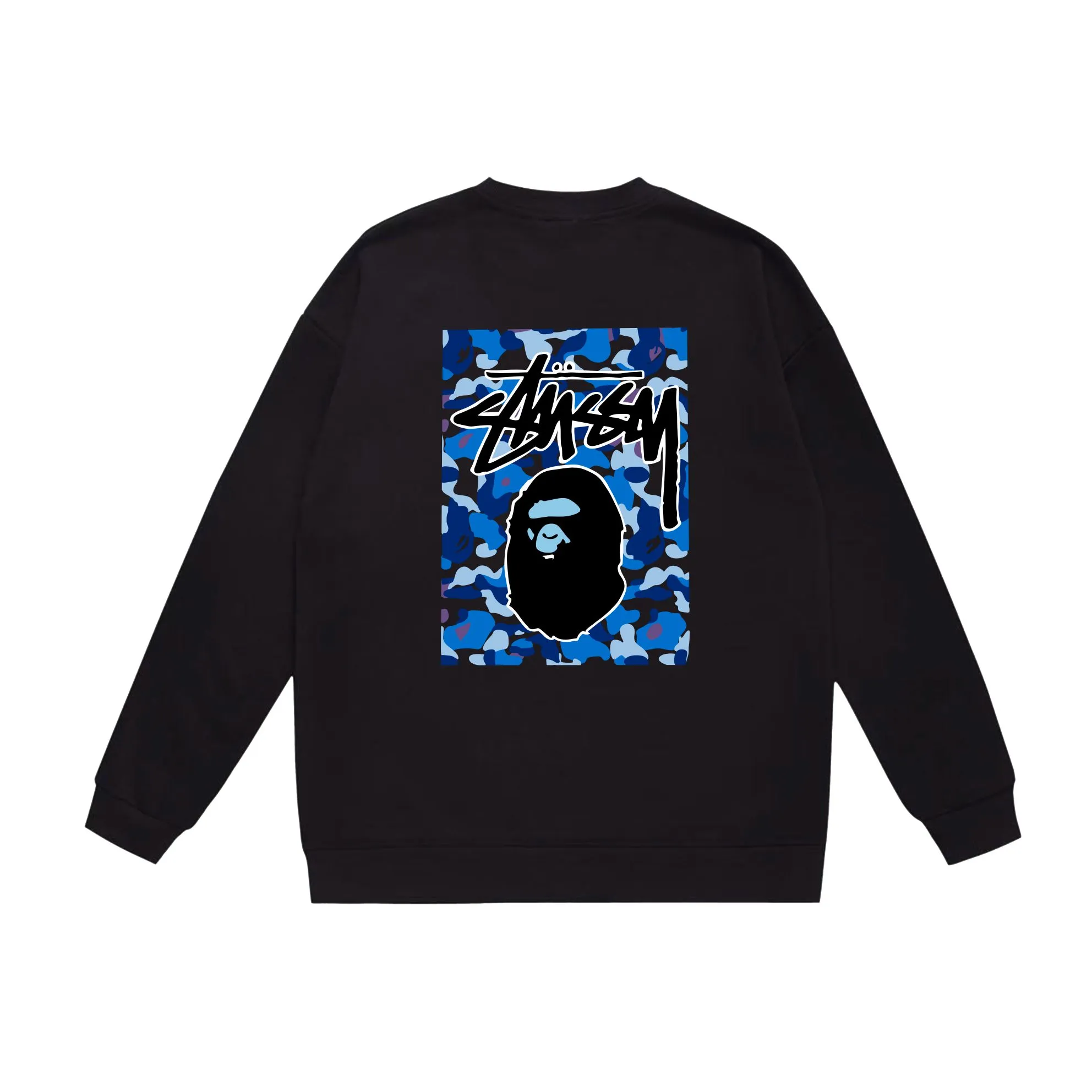 P150 model number SC503# terry 75 plus velvet 80 (top version) BAPE×STUSSY co-branded Stussy letter round neck sweatshirt Made of 350g large terry (drop shoulder large version) fabric, soft and non-pilling, imported environmentally friendly printing glue, bright and three-dimensional pattern, quality 💥Same style for men and women, the upper body is trendy Color: black, blue and white, white, blue and white, gray, blue and white, black, blue and black, white, blue and black, gray, blue and black Size: S M L XL XXL