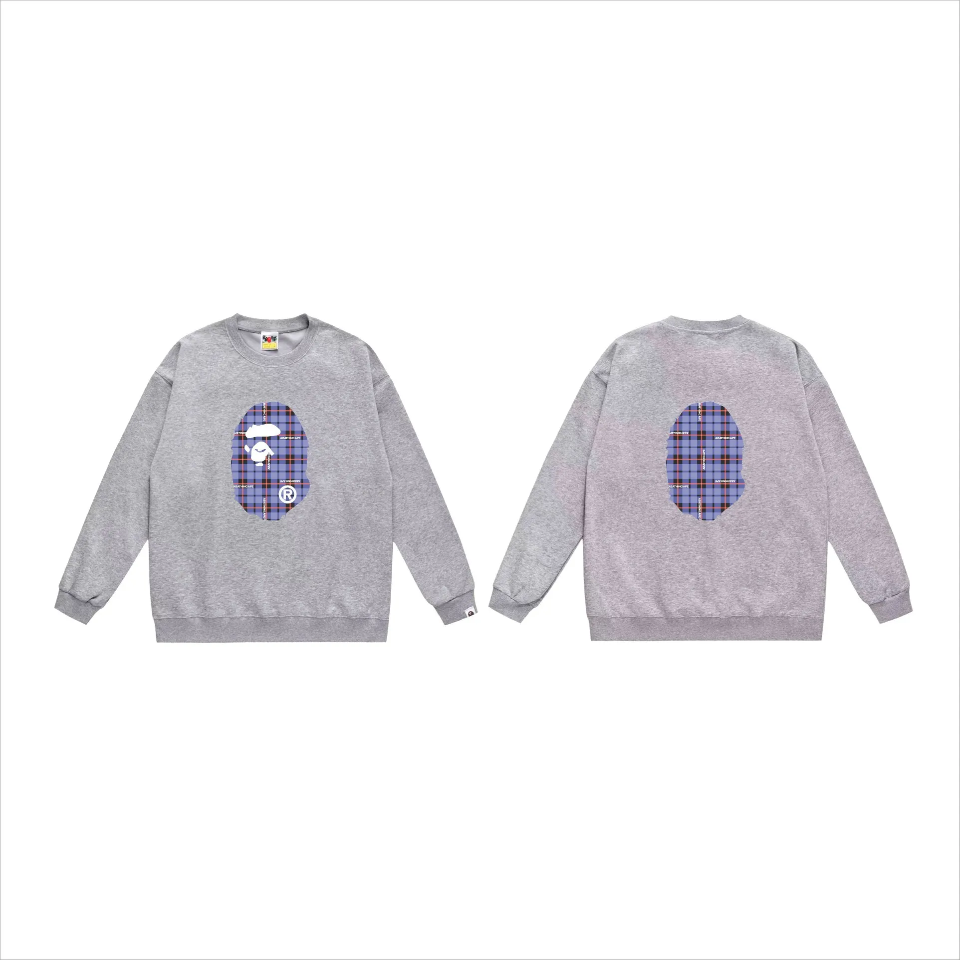 P150 model number SC525# terry 75 plus velvet 80 (top version) BAPE ape head plaid pattern printed round neck sweatshirt Made of 350g large terry (drop shoulder large version) fabric, soft and non-pilling, imported environmentally friendly printing glue, bright and three-dimensional pattern, quality 💥Same style for men and women, the upper body is fashionable Color: black white gray Size: S M L XL XXL