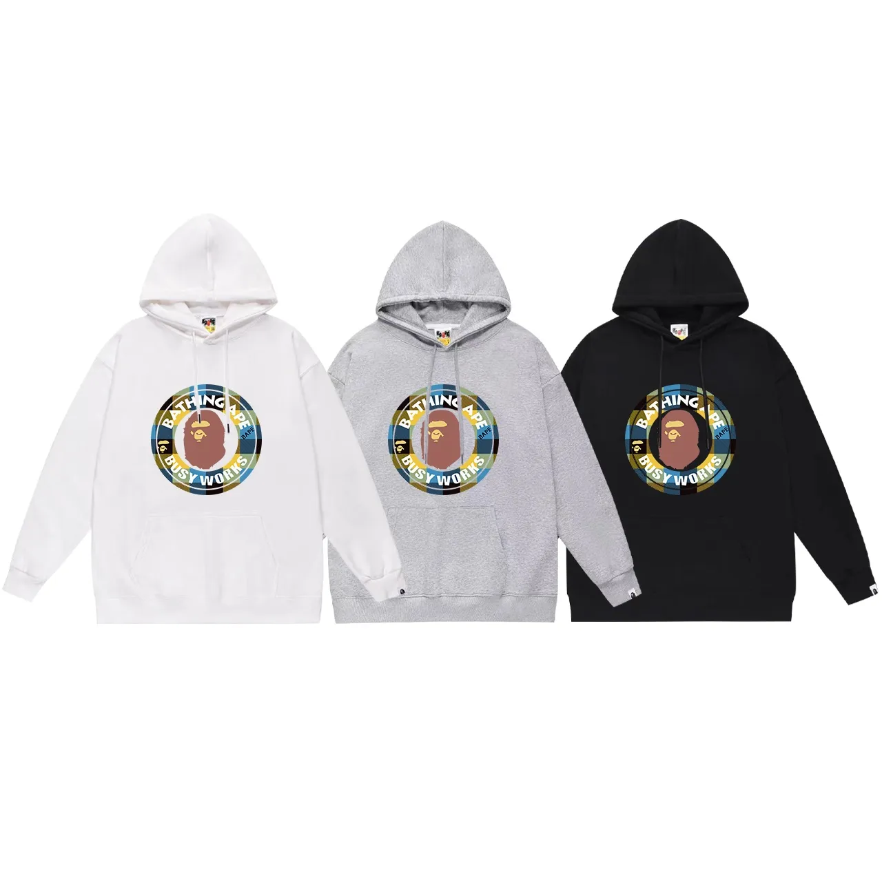 Model No. SC672#terry p160 plus velvet p180💰 (top version) BAPE ape man head medallion letter printed hooded sweatshirt. Made of 380g large terry 430g silver fox velvet (drop shoulder large version) fabric. The texture is soft and non-pilling. Imported environmentally friendly printing glue. The pattern is bright and three-dimensional. Quality💥Same style for men and women. The upper body is trendy. Color: black and red, white and red, gray and red, black and blue, white and blue. Gray blue Size: S M L XL XXL