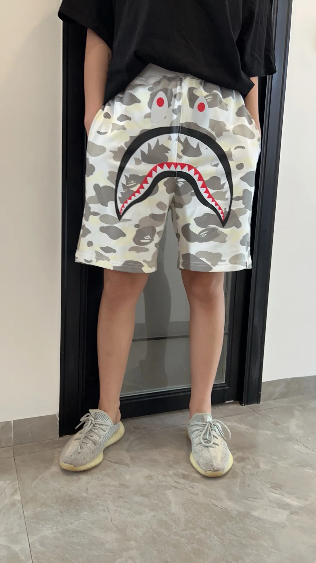 💰200 BAPE luminous camouflage shark print shorts 340g pure cotton custom fabric ZP version Couple style: M-XXL [grey white]