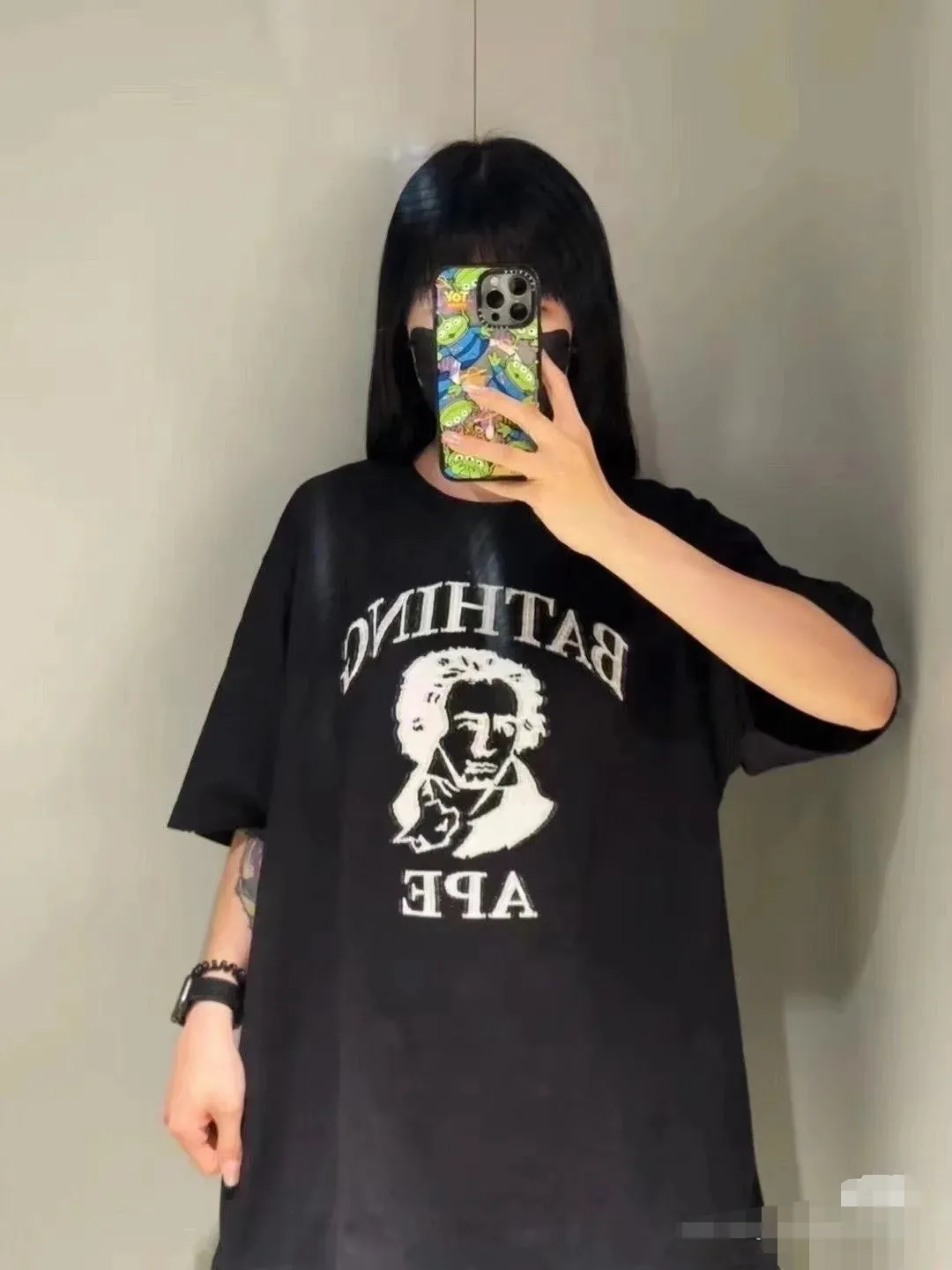 P110 001110 BAPE SS25 Beethoven portrait round neck short-sleeved T-shirt, same style for men and women, size smlxlxxl, black and white