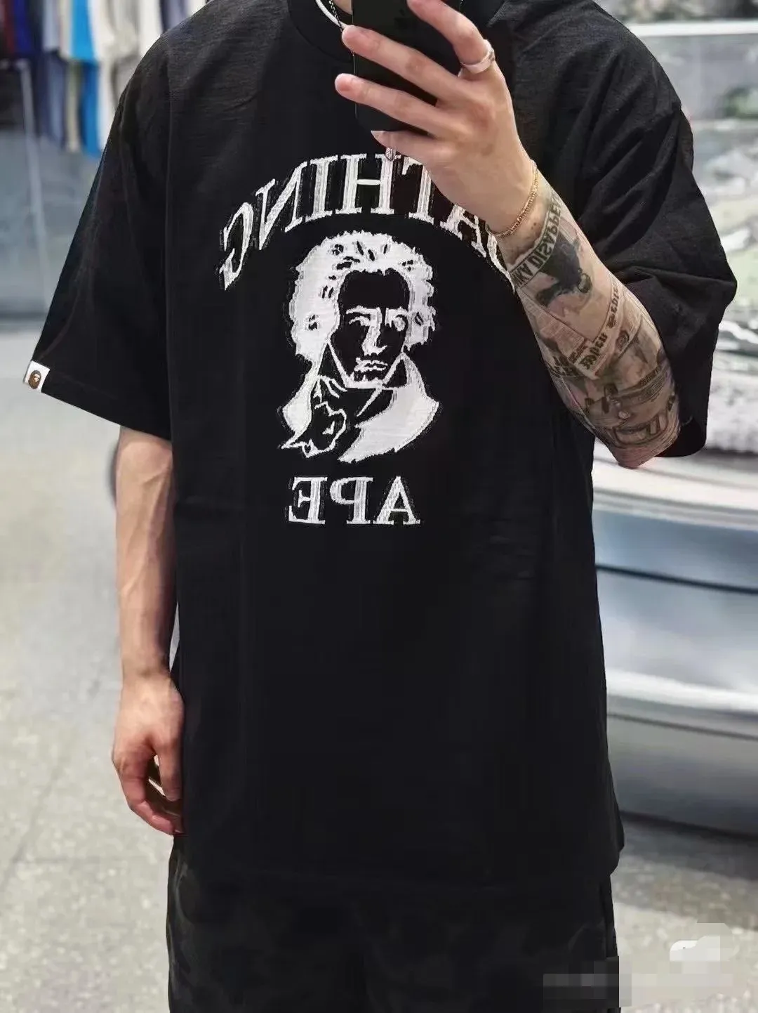P110 001110 BAPE SS25 Beethoven portrait round neck short-sleeved T-shirt, same style for men and women, size smlxlxxl, black and white