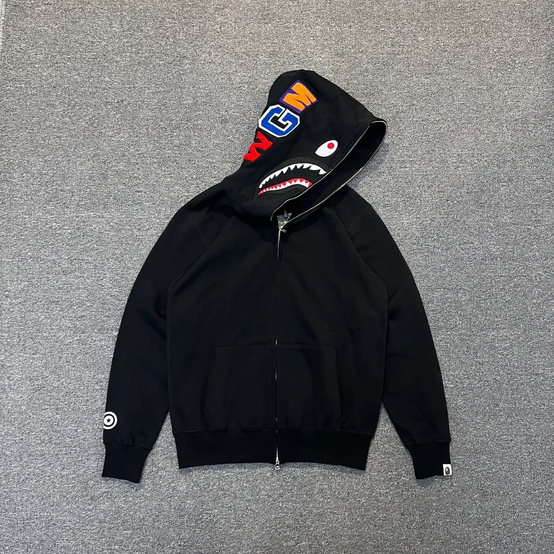 💰380 BAPE SHARK FULL ZIP solid color embroidered shark zipper sweatshirt jacket ZP version correct version 980g weight pure cotton custom fabric Couple style: S—XXL [black gray]