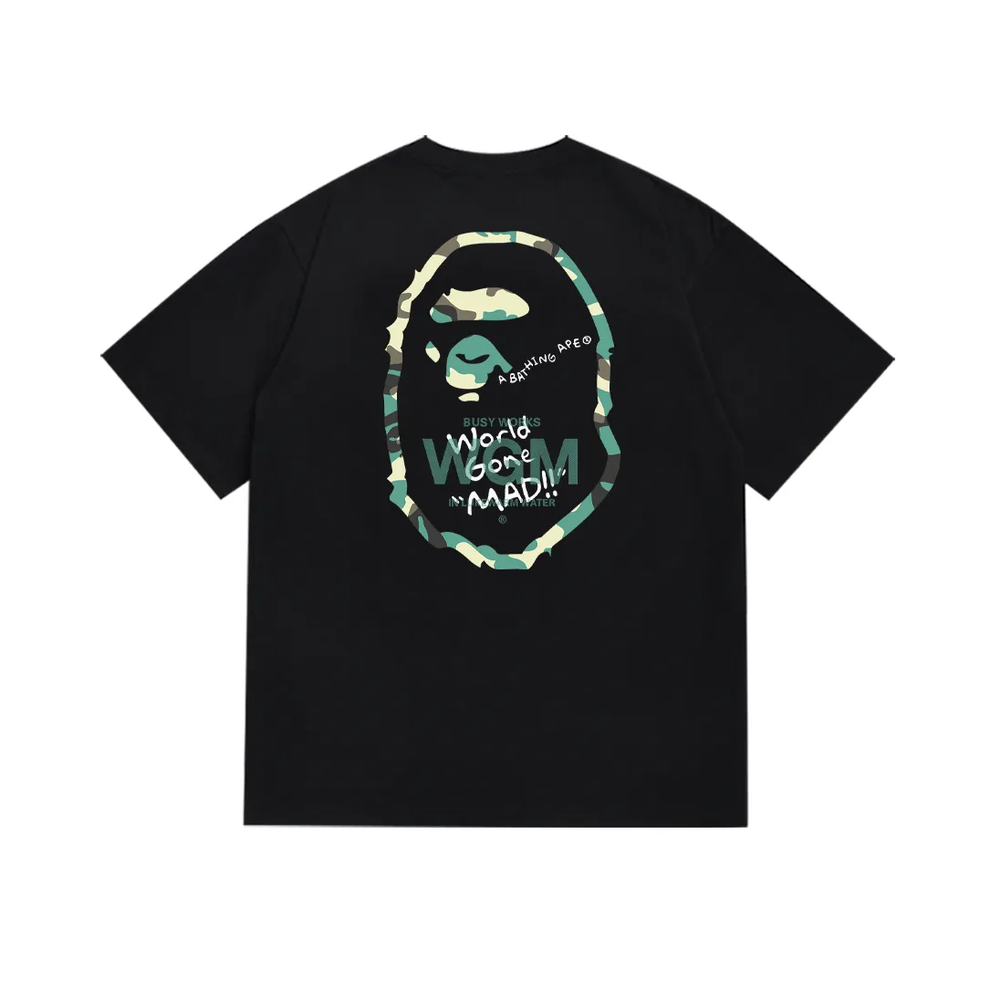 P110 SC041# (top version) BAPE WOODLAND CAMO WGM forest camouflage ape letters Made of 260 grams of high-quality high-weave pure cotton fabric, double yarn combed, soft texture and no pilling Imported environmentally friendly printing glue, bright and three-dimensional patterns, quality 💥Same style for men and women, the upper body is fashionable Color: black and white Size: S M L XL XXL