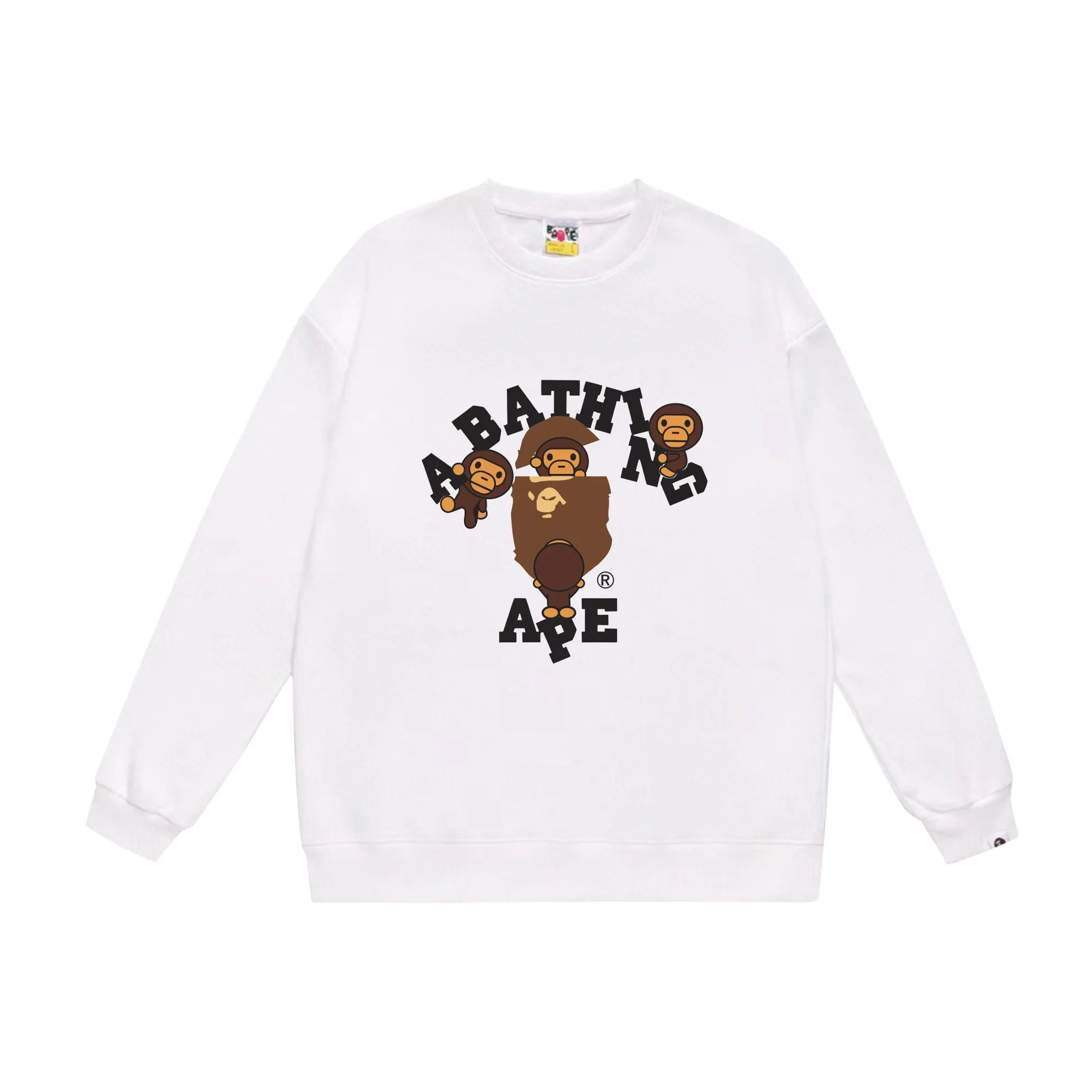 P150 model number SC539# terry 75 plus velvet 80 (top version) BAPE cartoon BABY MILO ape head letter printed round neck sweatshirt. Made of 350 grams of large terry (drop shoulder large version) fabric. The texture is soft and non-pilling. Imported environmentally friendly printing glue. The pattern is bright and three-dimensional. Quality 💥Same style for men and women. The upper body is trendy. Color: black white gray Size: S M L XL XXL