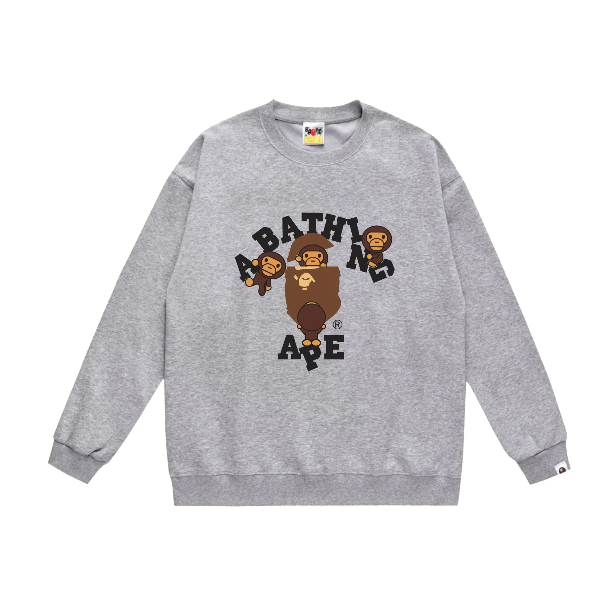 P150 model number SC539# terry 75 plus velvet 80 (top version) BAPE cartoon BABY MILO ape head letter printed round neck sweatshirt. Made of 350 grams of large terry (drop shoulder large version) fabric. The texture is soft and non-pilling. Imported environmentally friendly printing glue. The pattern is bright and three-dimensional. Quality 💥Same style for men and women. The upper body is trendy. Color: black white gray Size: S M L XL XXL
