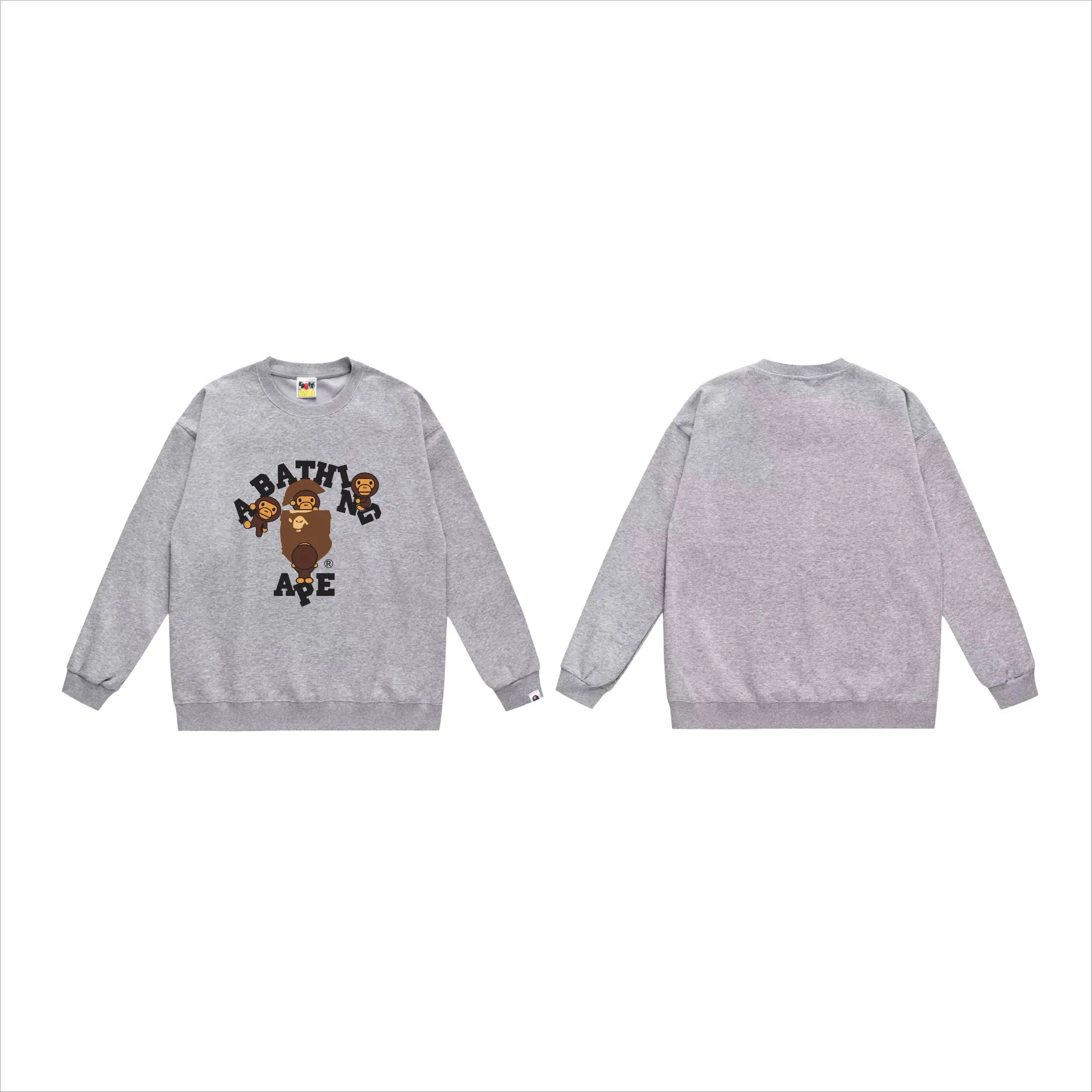P150 model number SC539# terry 75 plus velvet 80 (top version) BAPE cartoon BABY MILO ape head letter printed round neck sweatshirt. Made of 350 grams of large terry (drop shoulder large version) fabric. The texture is soft and non-pilling. Imported environmentally friendly printing glue. The pattern is bright and three-dimensional. Quality 💥Same style for men and women. The upper body is trendy. Color: black white gray Size: S M L XL XXL