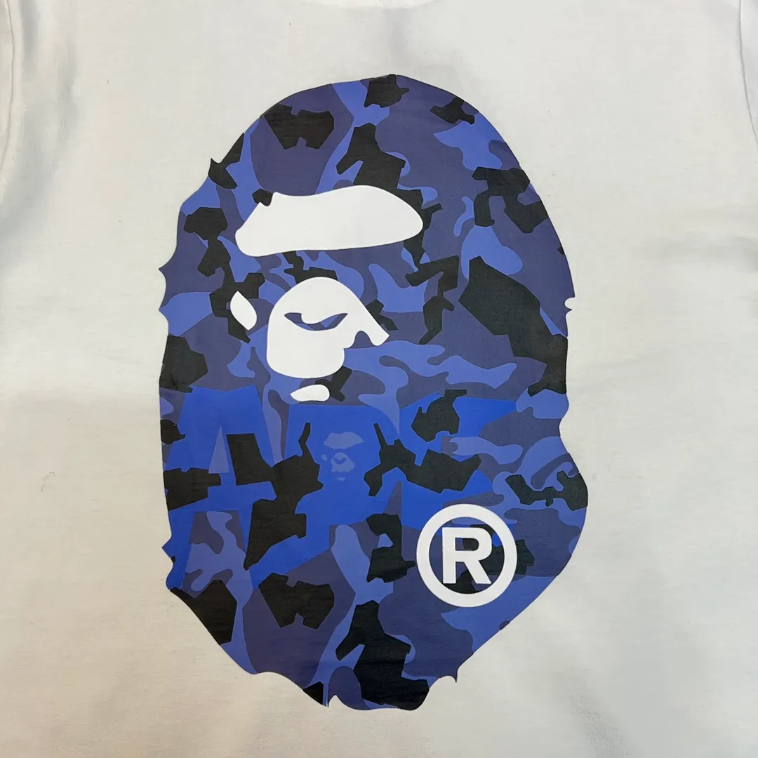 💰140 BAPE letter desert camouflage ape head double-sided printed short-sleeved T-shirt 270g weight linen cotton fabric Couple style: S-XXL [Black apricot, white apricot, black blue, white blue]