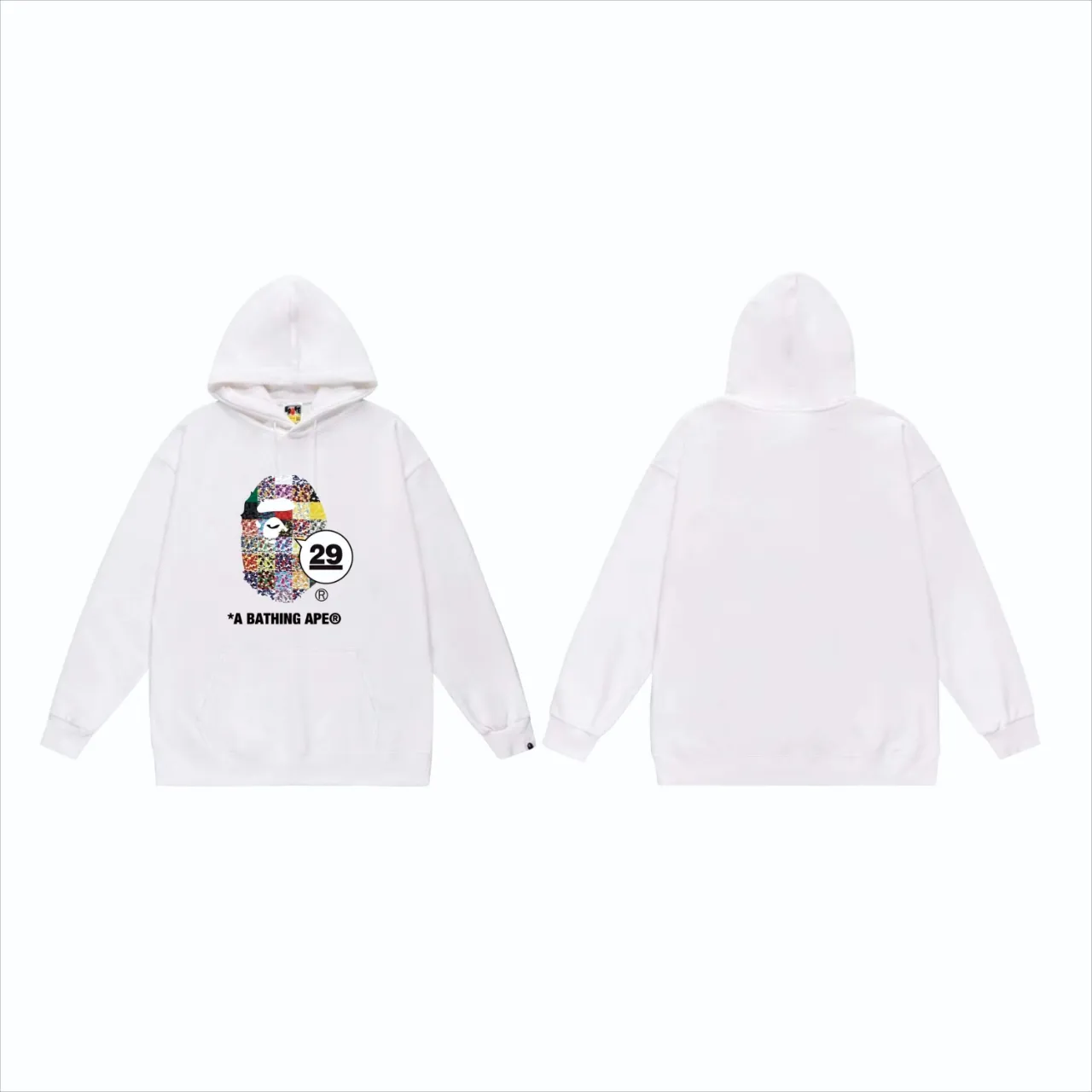 P160 model number SC827# terry 80 plus velvet 90 (top version) BAPE 29th Anniversary Ape Head Tee digital printed pattern hooded sweatshirt Made of 380g large terry (drop shoulder large version) fabric, soft and non-pilling, imported environmentally friendly printing glue, bright and three-dimensional pattern, quality 💥Same style for men and women, the upper body is fashionable Color: Black White Gray Size: S M L XL XXL