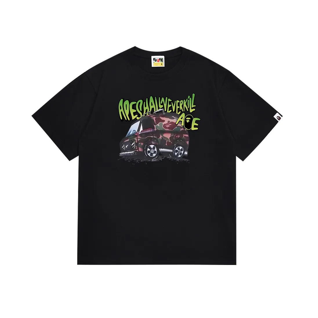 SC103#p110💰 (top version) BAPE camouflage car graffiti ape head letter print pattern short-sleeved T-shirt Made of 260 grams of high-quality high-weave pure cotton fabric, double yarn combed, soft texture without pilling, imported environmentally friendly printing glue, bright and three-dimensional pattern, quality 💥Same style for men and women, the upper body is fashionable Color: black white Size: S M L XL XXL