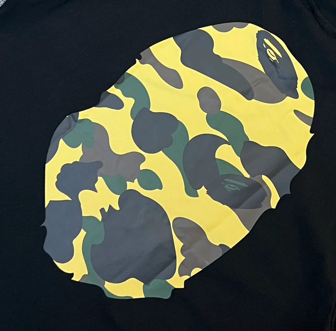 💰140 BAPE double-sided camouflage ape head print classic camouflage reproduction ZP version 270g weight linen cotton fabric Couple style: S-XXL [white green black green white yellow black yellow]