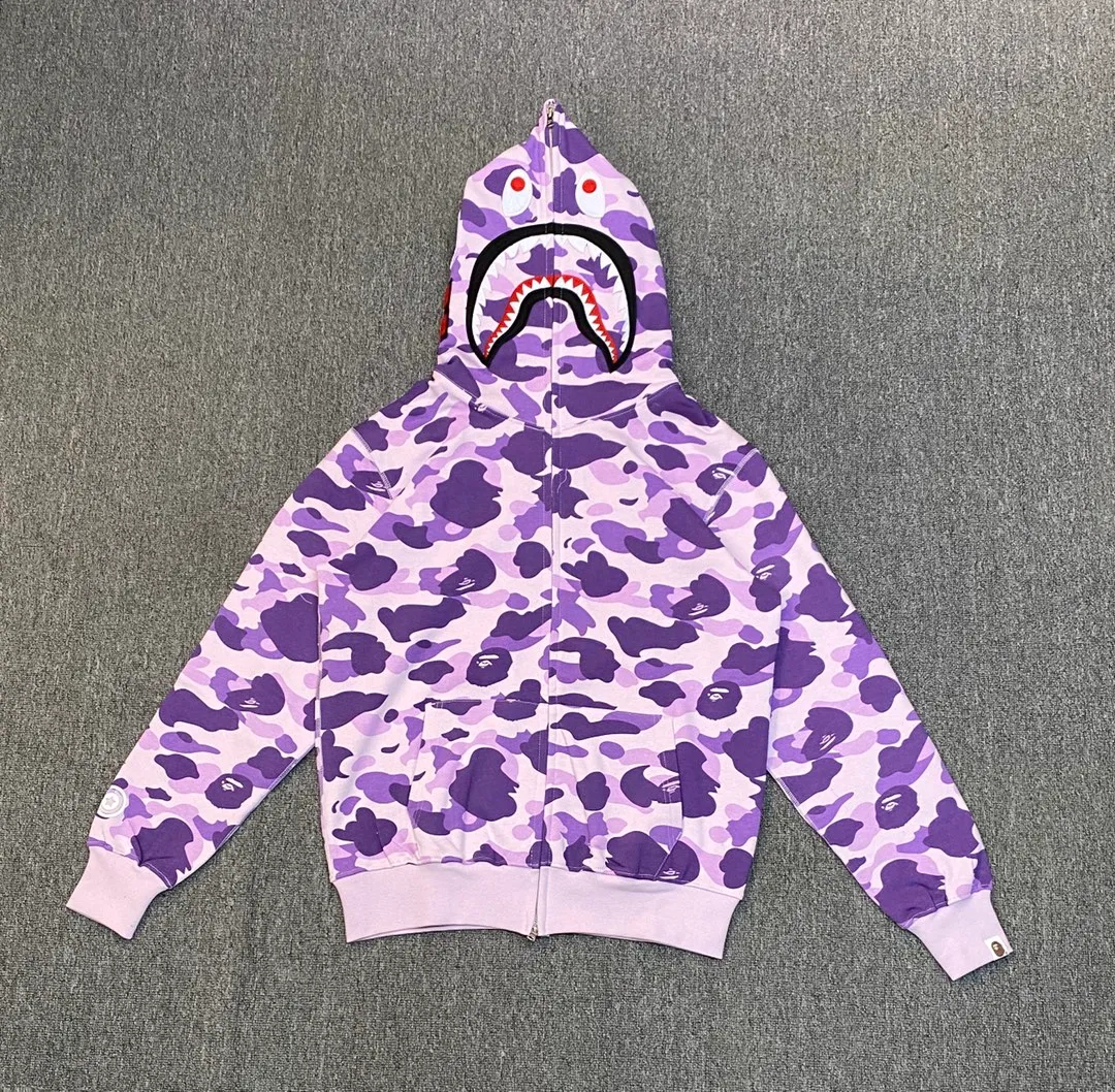 💰380 BAPE Taipei limited edition purple camouflage classic shark zipper sweatshirt customized top-quality fabrics couple model: S—XXL [Tarot Purple]