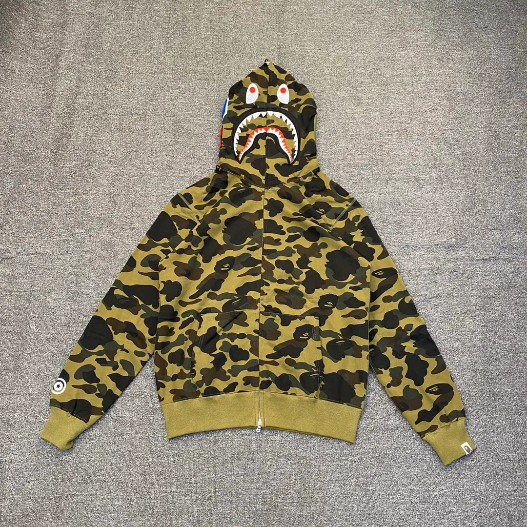 💰380 BAPE 1ST CAMO SHARK FULL Classic counter model Camouflage shark hooded zipper sweatshirt Machine-printed camouflage Top-quality fabric High-end 1:1 replica Customized fabric Couple model: S—XXL [Camouflage yellow, Camouflage green, Camouflage red, Camouflage purple, Camouflage blue, Camouflage gray]