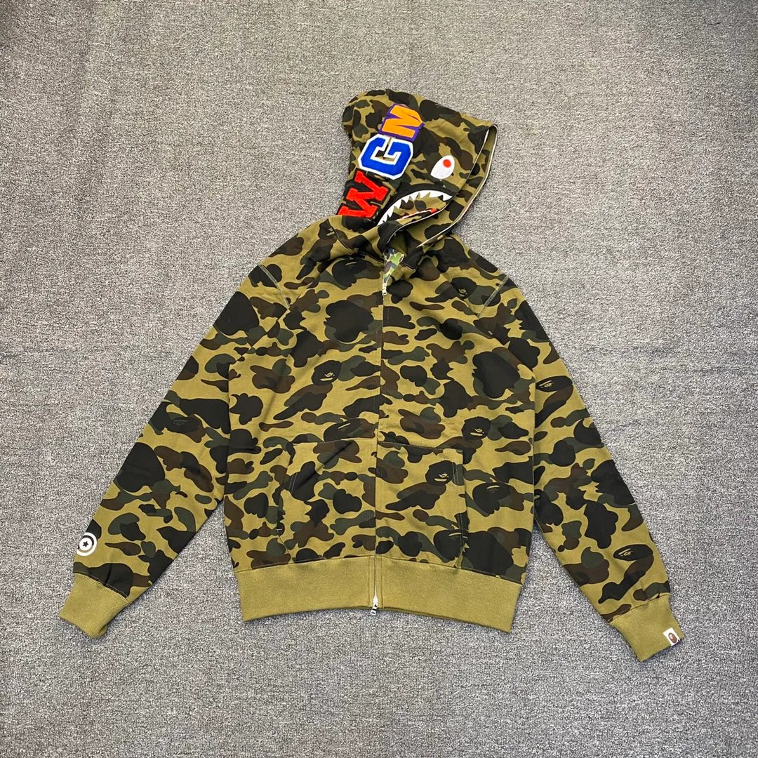 💰380 BAPE 1ST CAMO SHARK FULL Classic counter model Camouflage shark hooded zipper sweatshirt Machine-printed camouflage Top-quality fabric High-end 1:1 replica Customized fabric Couple model: S—XXL [Camouflage yellow, Camouflage green, Camouflage red, Camouflage purple, Camouflage blue, Camouflage gray]