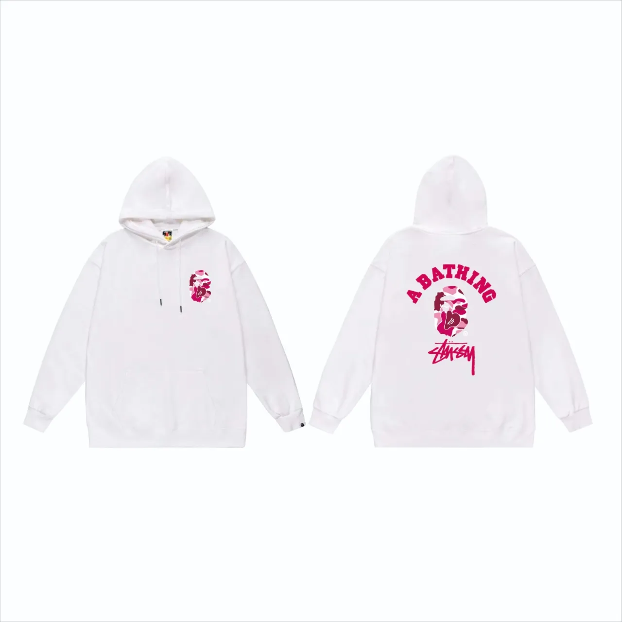 P160 model number SC814# terry 80 plus velvet 90 (top version) BAPE×STUSSY co-branded Stussy letter printed hooded sweatshirt Made of 380 grams of large terry (drop shoulder large version) fabric, soft texture and no pilling Imported environmentally friendly printing glue The pattern is bright and three-dimensional Quality 💥Same style for men and women The upper body is trendy Color: Black White Gray Size: S M L XL XXL