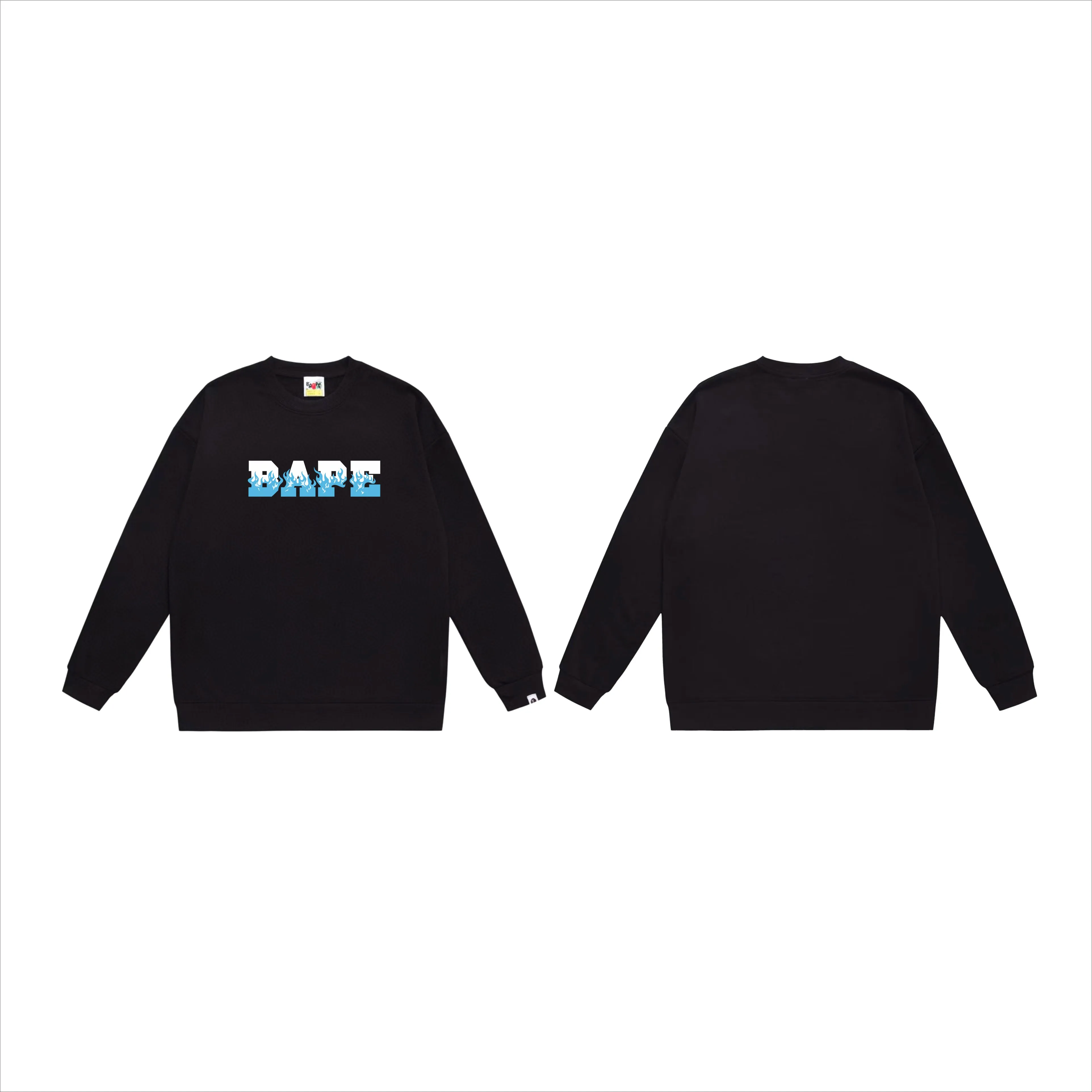 P150 model number SC537# terry 75 plus velvet 80 (top version) BAPE flame letter printed round neck sweatshirt Made of 350g large terry (drop shoulder large version) fabric, soft texture and no pilling Imported environmentally friendly printing glue, bright and three-dimensional pattern, quality 💥Same style for men and women, the upper body is fashionable Color: black white gray Size: S M L XL XXL