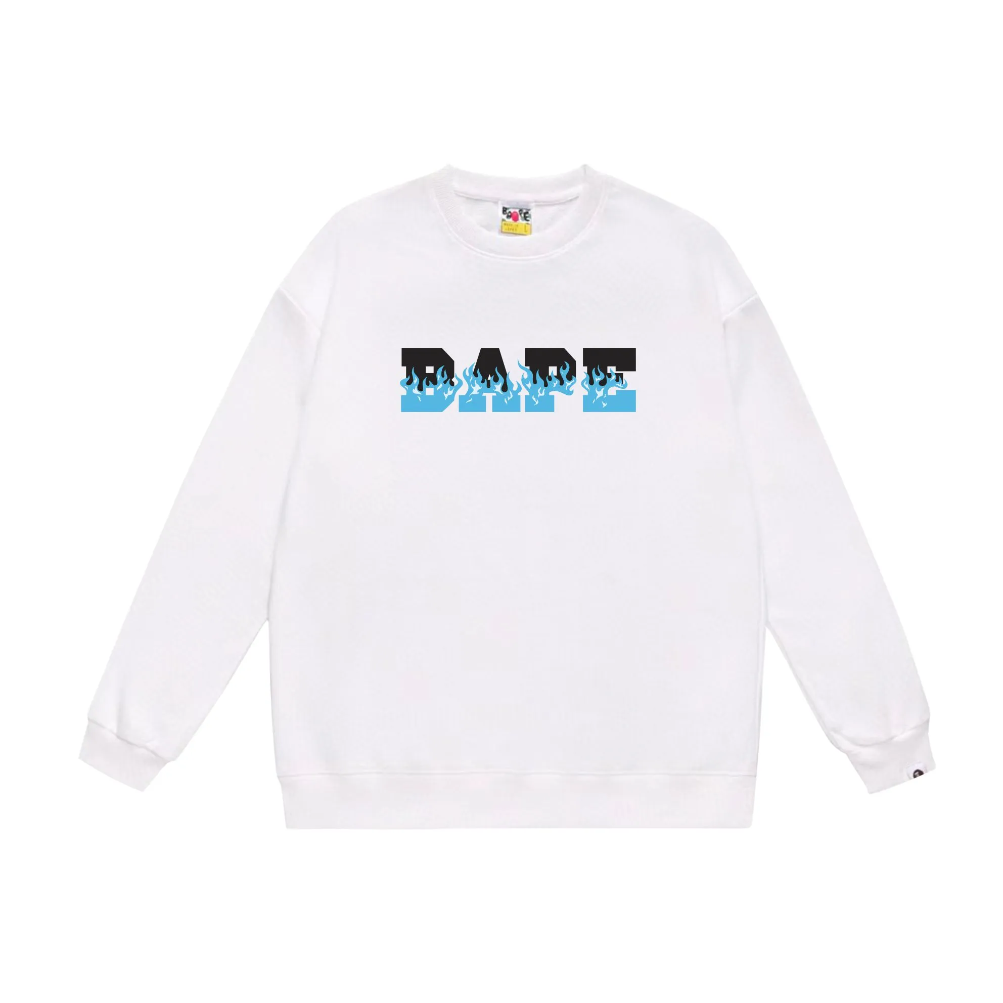 P150 model number SC537# terry 75 plus velvet 80 (top version) BAPE flame letter printed round neck sweatshirt Made of 350g large terry (drop shoulder large version) fabric, soft texture and no pilling Imported environmentally friendly printing glue, bright and three-dimensional pattern, quality 💥Same style for men and women, the upper body is fashionable Color: black white gray Size: S M L XL XXL