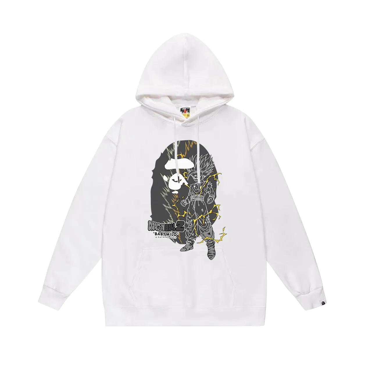 Model No. SC626# Terry p160 plus velvet p180💰 (top version) BAPE✖️DARGON BALL SON GOHAN ape head lightning joint printed hooded sweatshirt. Made of 380g large terry 430g silver fox velvet (drop shoulder large version) fabric. The texture is soft and non-pilling. Imported environmentally friendly printing glue. The pattern is bright and three-dimensional. Quality💥Same style for men and women. The upper body is trendy. Color: black white Gray Size: S M L XL XXL