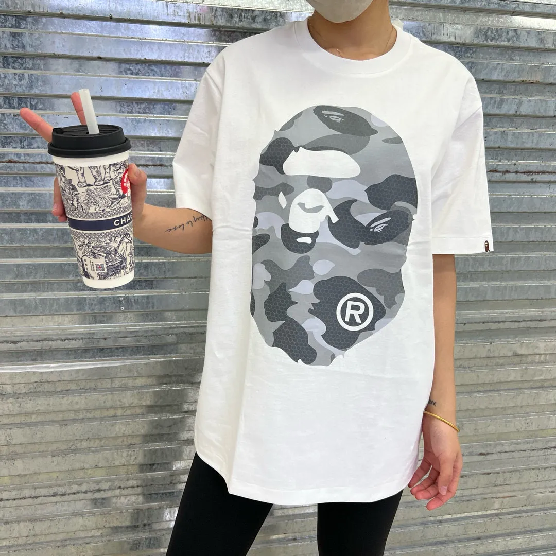 💰140 Bape Honeycomb Camouflage Letters Great Ape Head Double-sided Printing Linen Cotton 280g Customized Fabric Couple Style: S—XXL [Black Blue White Blue Black Gray White Gray]