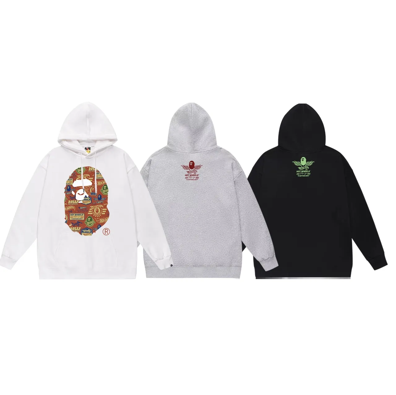 Model No. SC623#terry p160 plus velvet p180💰(top version) BAPE✖️WHEELS co-branded ape head print hooded sweatshirt Made of 380g large terry 430g silver fox velvet (off-shoulder large version) fabric, soft and non-pilling, imported environmentally friendly printing glue, bright and three-dimensional pattern, quality💥same style for men and women, the upper body is trendy Color: black white gray Size: S M L XL XXL