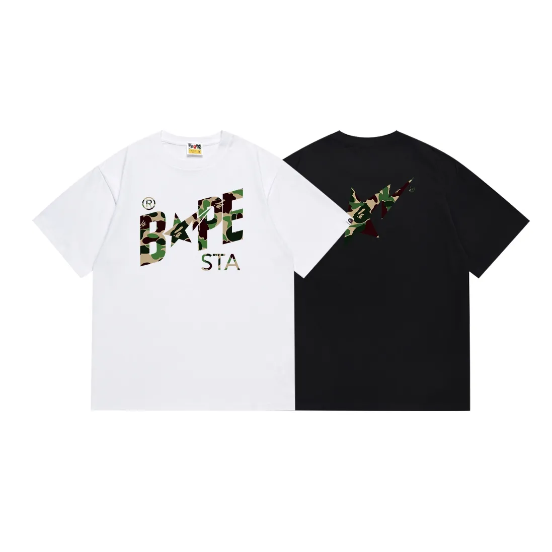 SC116#p110💰 (top version) BAPE camouflage star letter printed short-sleeved T-shirt Made of 260 grams of high-quality high-weave pure cotton fabric, double yarn combed, soft texture and no pilling Imported environmentally friendly printing glue, bright and three-dimensional pattern, quality 💥Same style for men and women, the upper body is fashionable Color: black white Size: S M L XL XXL