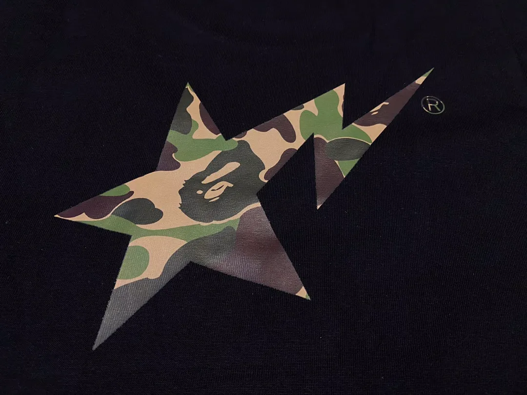 SC116#p110💰 (top version) BAPE camouflage star letter printed short-sleeved T-shirt Made of 260 grams of high-quality high-weave pure cotton fabric, double yarn combed, soft texture and no pilling Imported environmentally friendly printing glue, bright and three-dimensional pattern, quality 💥Same style for men and women, the upper body is fashionable Color: black white Size: S M L XL XXL