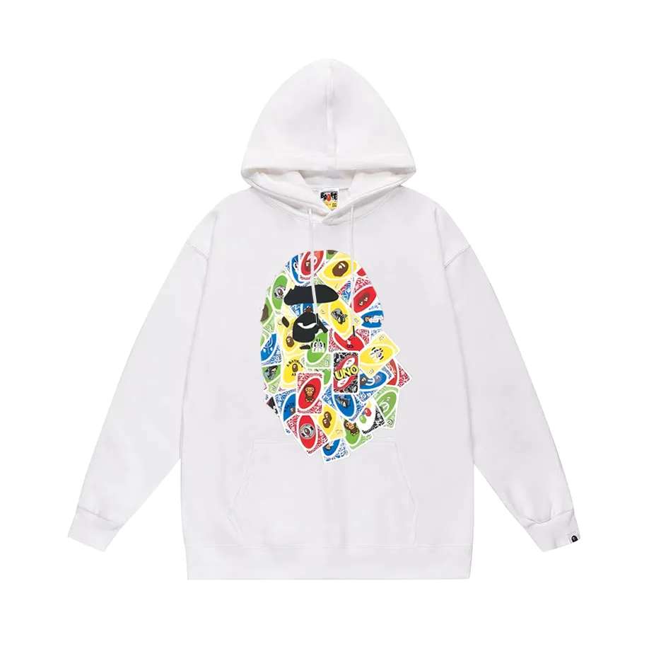 P190 model number SC605# terry 85 plus velvet 95 (top version) BAPE colorful ape head poker print hooded sweatshirt. Made of 380g large terry (drop shoulder large version) fabric. The texture is soft and non-pilling. Imported environmentally friendly printing glue. The pattern is bright and three-dimensional. Quality 💥Same style for men and women. The upper body is trendy. Color: black white gray Size: S M L XL XXL