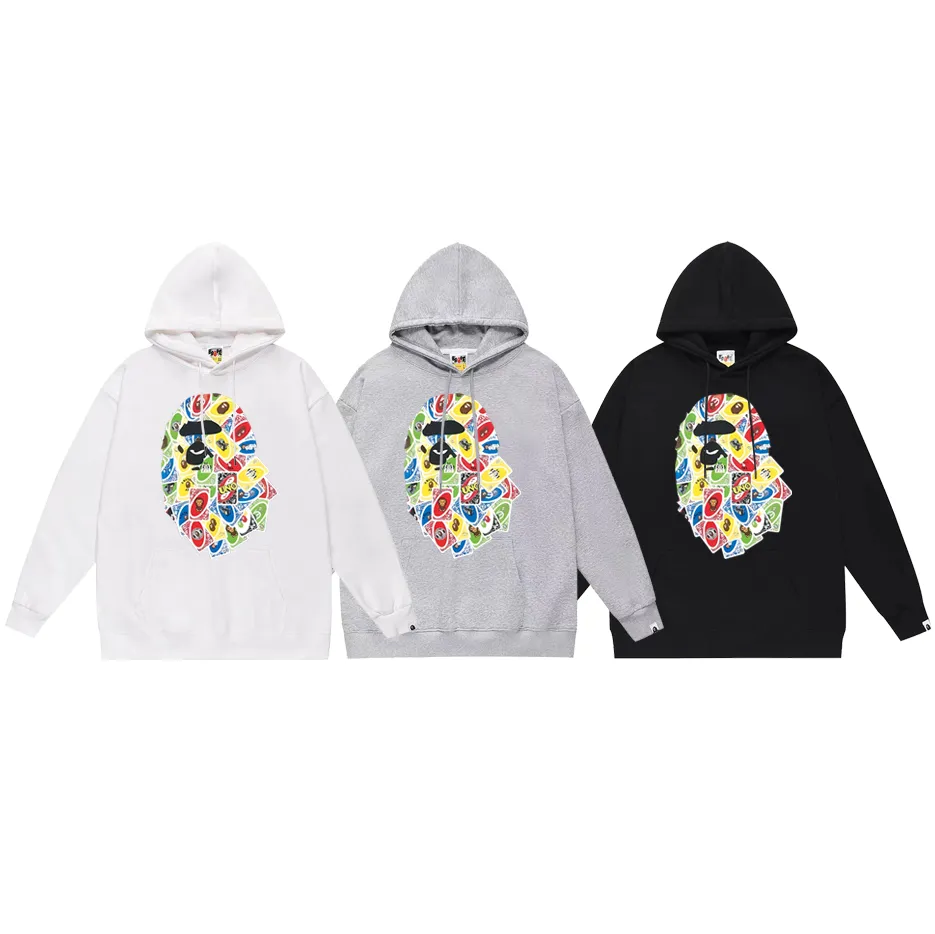 P190 model number SC605# terry 85 plus velvet 95 (top version) BAPE colorful ape head poker print hooded sweatshirt. Made of 380g large terry (drop shoulder large version) fabric. The texture is soft and non-pilling. Imported environmentally friendly printing glue. The pattern is bright and three-dimensional. Quality 💥Same style for men and women. The upper body is trendy. Color: black white gray Size: S M L XL XXL
