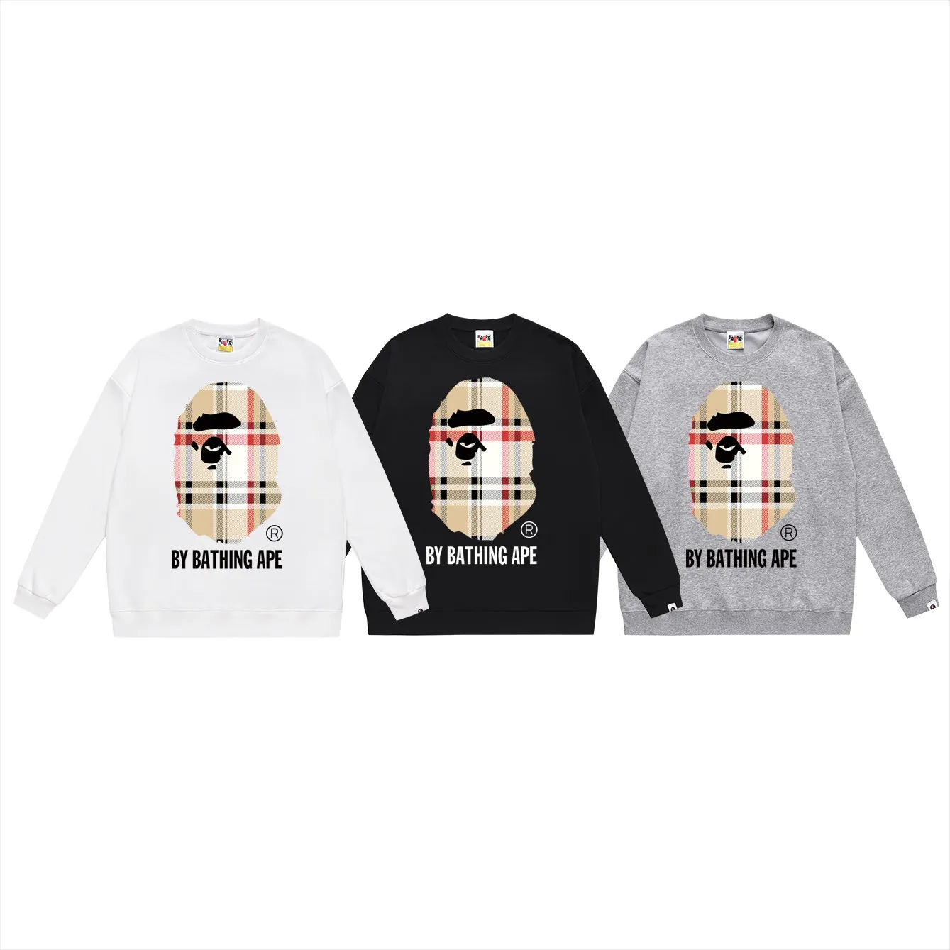 P150 model number SC478# terry 75 plus velvet 80 (top version) BAPE plaid ape head letter printed round neck sweatshirt Made of 350g large terry (drop shoulder large version) fabric, soft texture and no pilling Imported environmentally friendly printing glue The pattern is bright and three-dimensional Quality 💥Same style for men and women The upper body is trendy Color: black white gray Size: S M L XL XXL