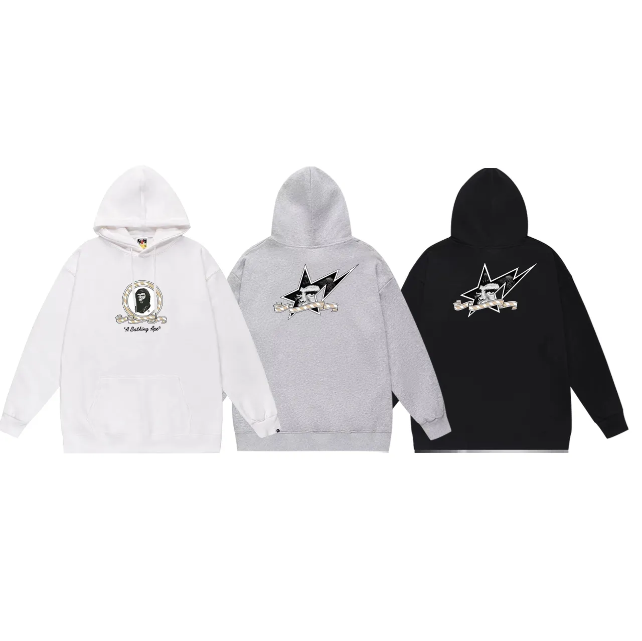 Model No. SC695# terry p160 plus velvet p180💰 (top version) BAPE ape star letter printed pattern hooded sweatshirt. Made of 380g large terry 430g silver fox velvet (drop shoulder large version) fabric. The texture is soft and non-pilling. Imported environmentally friendly printing glue. The pattern is bright and three-dimensional. Quality💥Same style for men and women. The upper body is trendy. Color: black white gray Size: S M L XL XXL