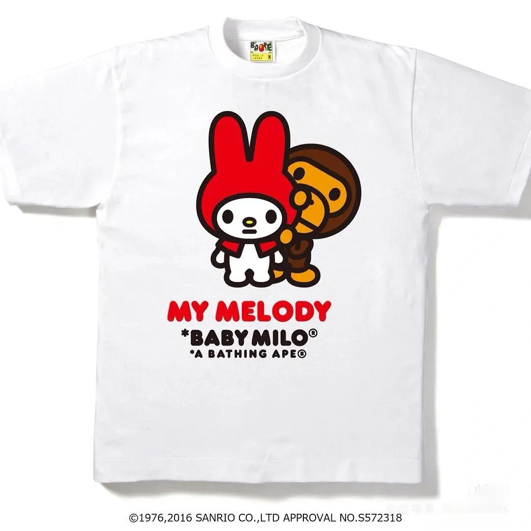 P110 001057 bapeXmelody co-branded printed short-sleeved T-shirt, same style for men and women, size smlxlxxl, white