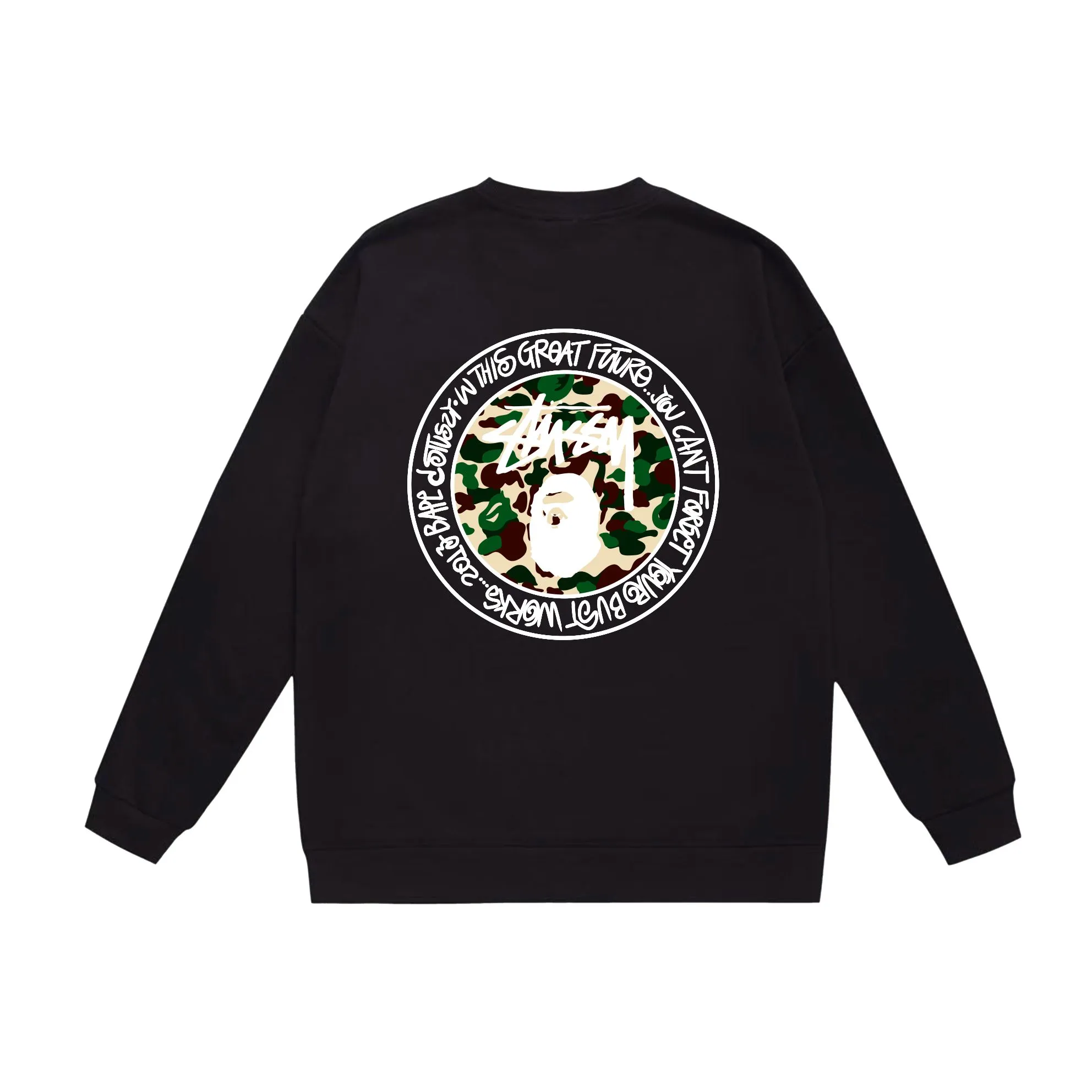 P150 model number SC519# terry 75 plus velvet 80 (top version) BAPE×STUSSY co-branded Stussy letter round neck sweatshirt Made of 350g large terry (drop shoulder large version) fabric, soft texture and non-pilling Imported environmentally friendly printing glue The pattern is bright and three-dimensional Quality 💥Same style for men and women The upper body is fashionable Color: black white gray Size: S M L XL XXL
