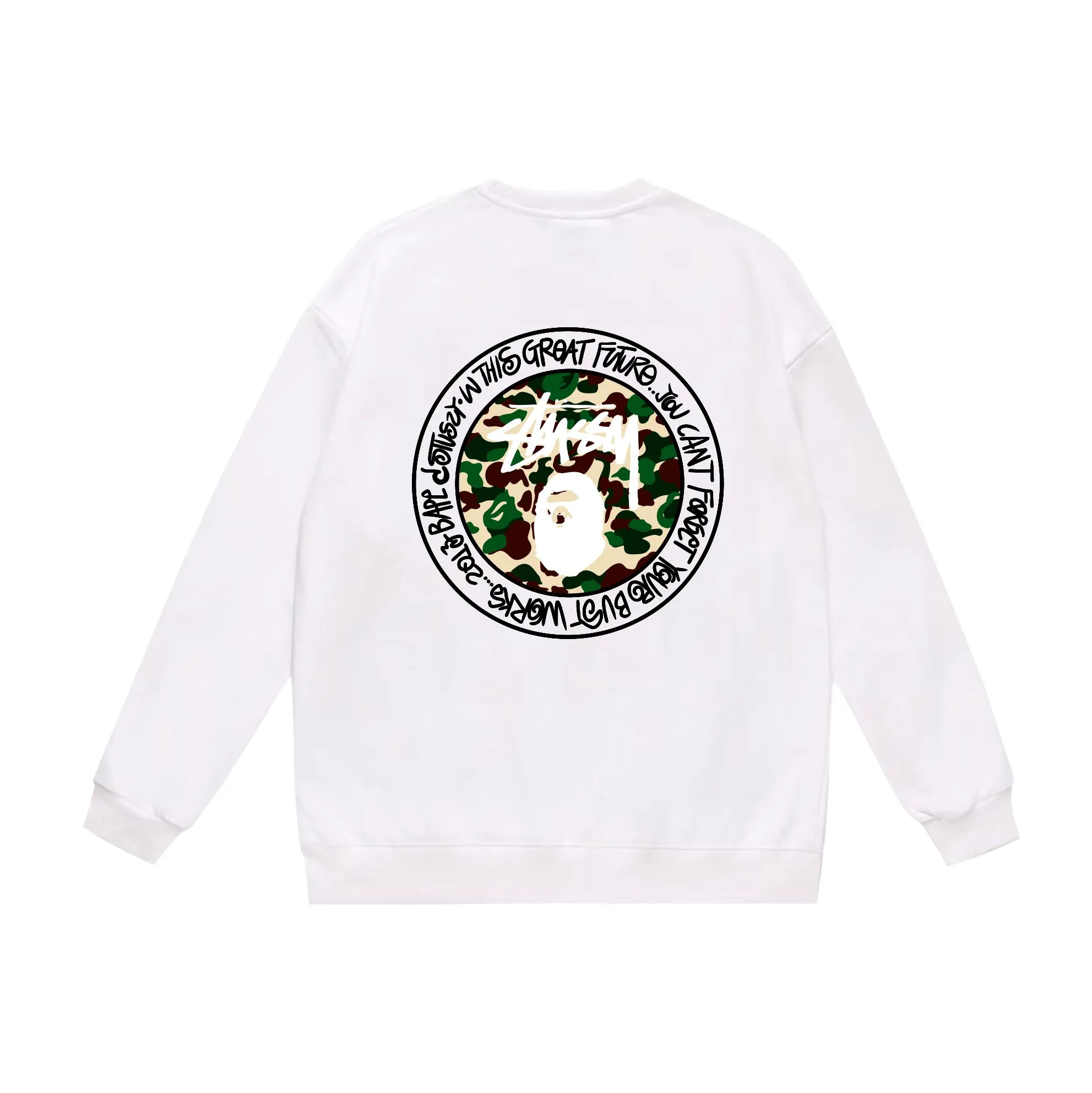 P150 model number SC519# terry 75 plus velvet 80 (top version) BAPE×STUSSY co-branded Stussy letter round neck sweatshirt Made of 350g large terry (drop shoulder large version) fabric, soft texture and non-pilling Imported environmentally friendly printing glue The pattern is bright and three-dimensional Quality 💥Same style for men and women The upper body is fashionable Color: black white gray Size: S M L XL XXL