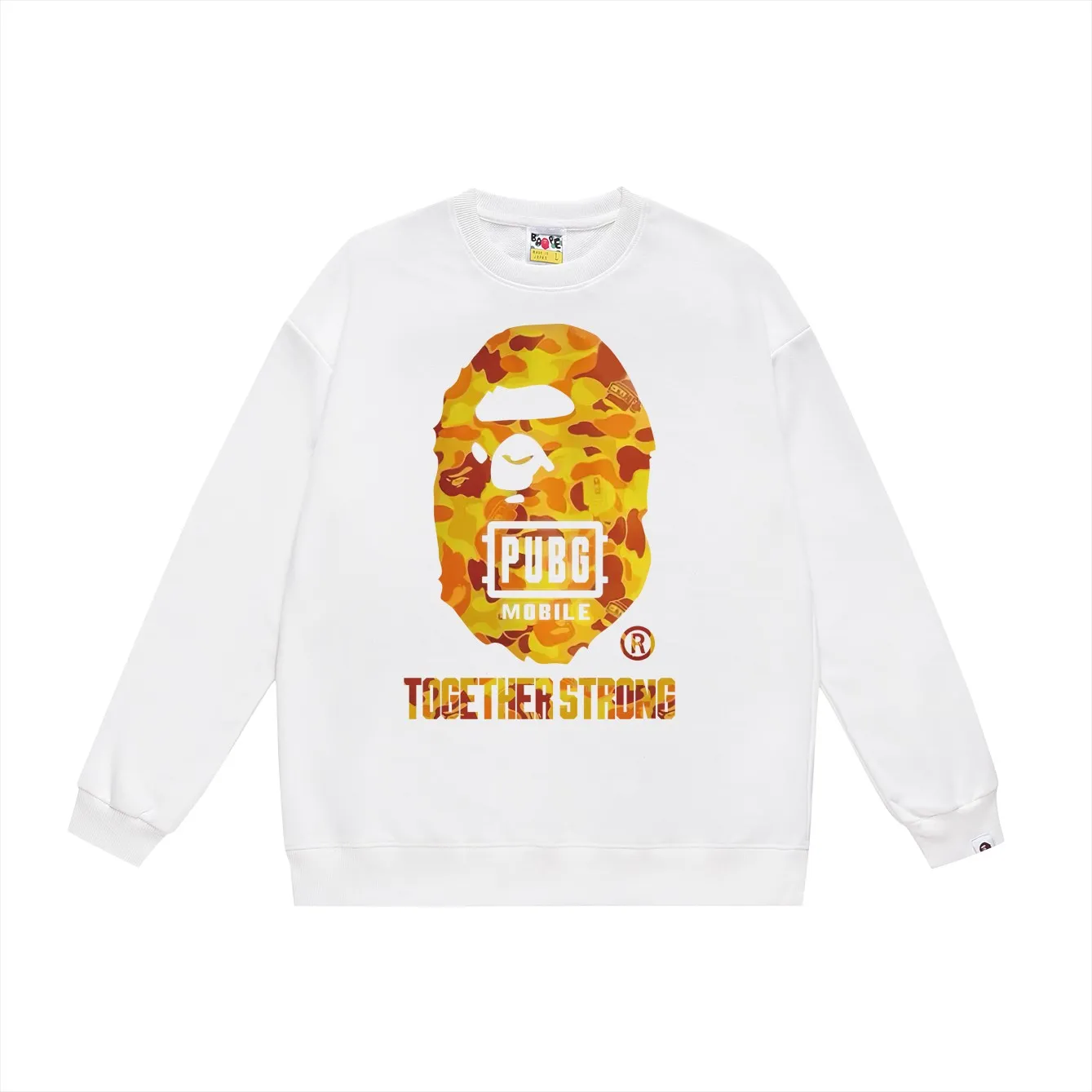 P150 model number SC472# terry 75 plus velvet 80 (top version) BAPE Peace Elite chicken joint orange camouflage great ape head round neck sweatshirt Made of 350g large terry (drop shoulder large version) fabric, soft texture and no pilling Imported environmentally friendly printing glue The pattern is bright and three-dimensional Quality 💥Same style for men and women The upper body is trendy Color: black white gray Size: S M L XL XXL