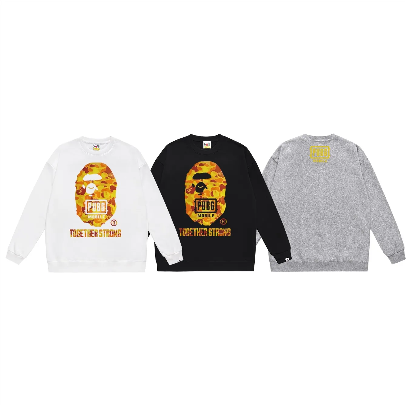 P150 model number SC472# terry 75 plus velvet 80 (top version) BAPE Peace Elite chicken joint orange camouflage great ape head round neck sweatshirt Made of 350g large terry (drop shoulder large version) fabric, soft texture and no pilling Imported environmentally friendly printing glue The pattern is bright and three-dimensional Quality 💥Same style for men and women The upper body is trendy Color: black white gray Size: S M L XL XXL