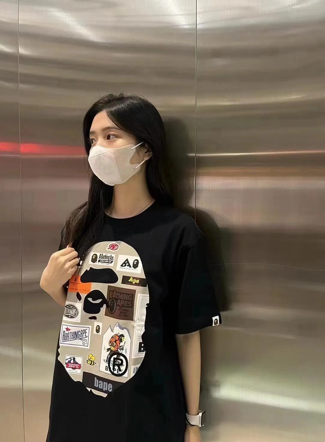 💰140 BAPE ape head letter pattern label double-sided printing 280g weight linen cotton fabric ZP version Couple style: S-XXL [black white]