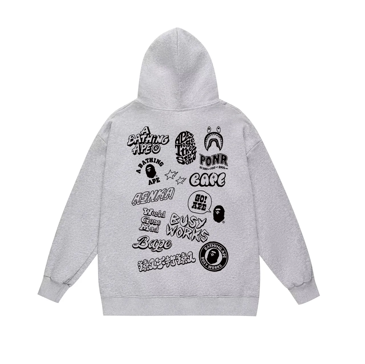 Model No. SC655# Terry p160 plus velvet p180💰 (top version) BAPE hooded sweatshirt with ape head letters graffiti logo printing on the back. Made of 380g large terry 430g silver fox velvet (drop shoulder large version) fabric. The texture is soft and non-pilling. Imported environmentally friendly printing glue. The pattern is bright and three-dimensional. Quality💥Same style for men and women. The upper body is trendy. Color: black white gray Size: S M L XL XXL