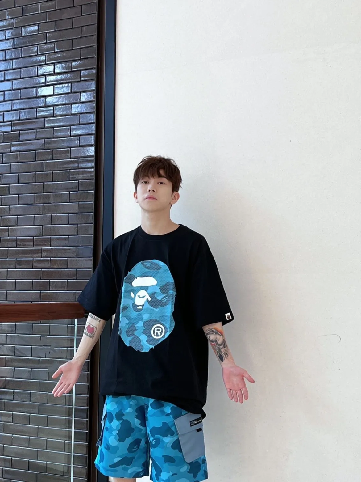 💰140 Bape Honeycomb Camouflage Letters Great Ape Head Double-sided Printing Linen Cotton 280g Customized Fabric Couple Style: S—XXL [Black Blue White Blue Black Gray White Gray]