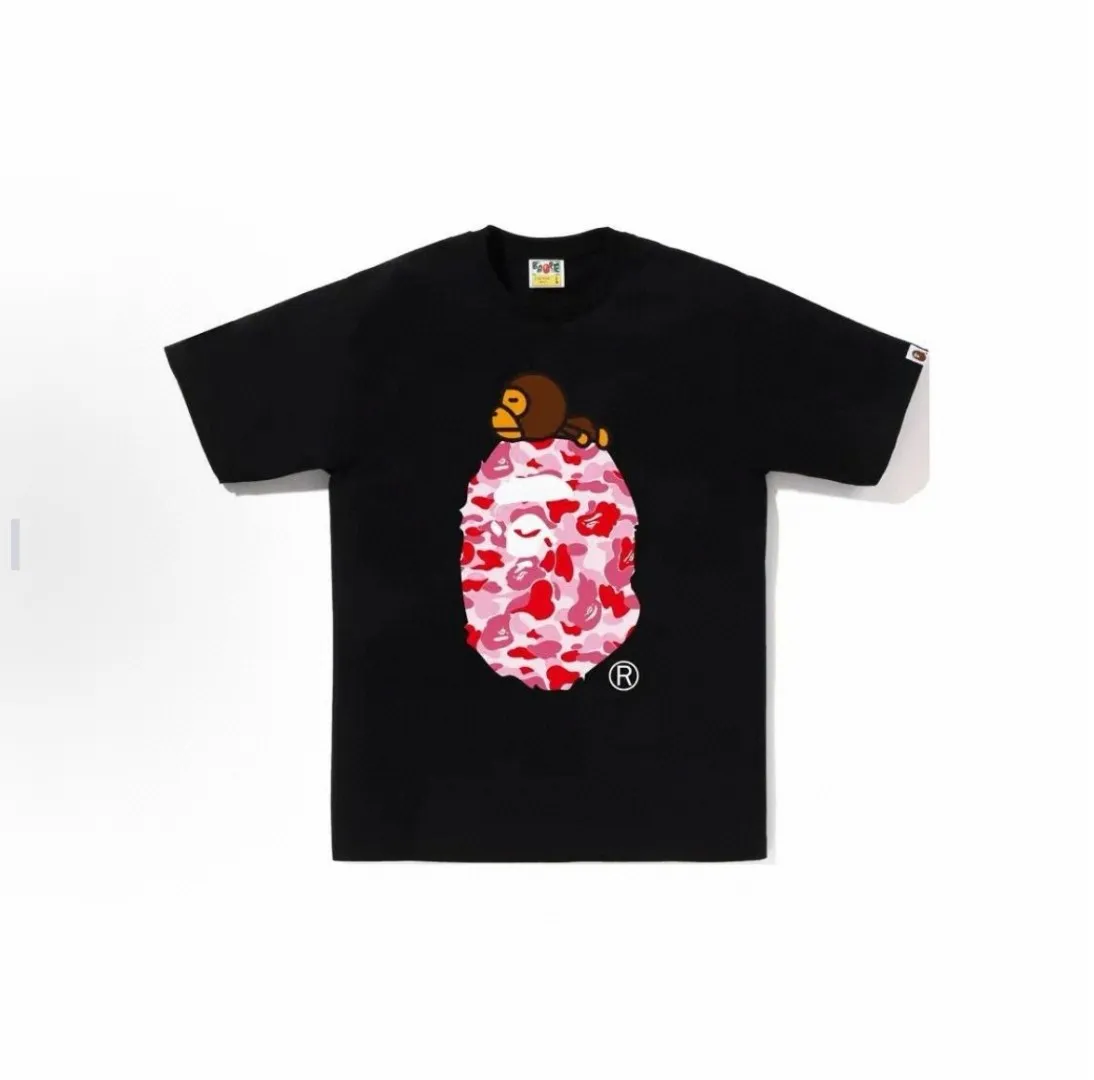 P110 00102 model BAPE SS25 ABC CAMO series ape head orangutan pattern letter print cuff logo camouflage short-sleeved T-shirt same style for men and women code number smlxlxxl white pink, black pink