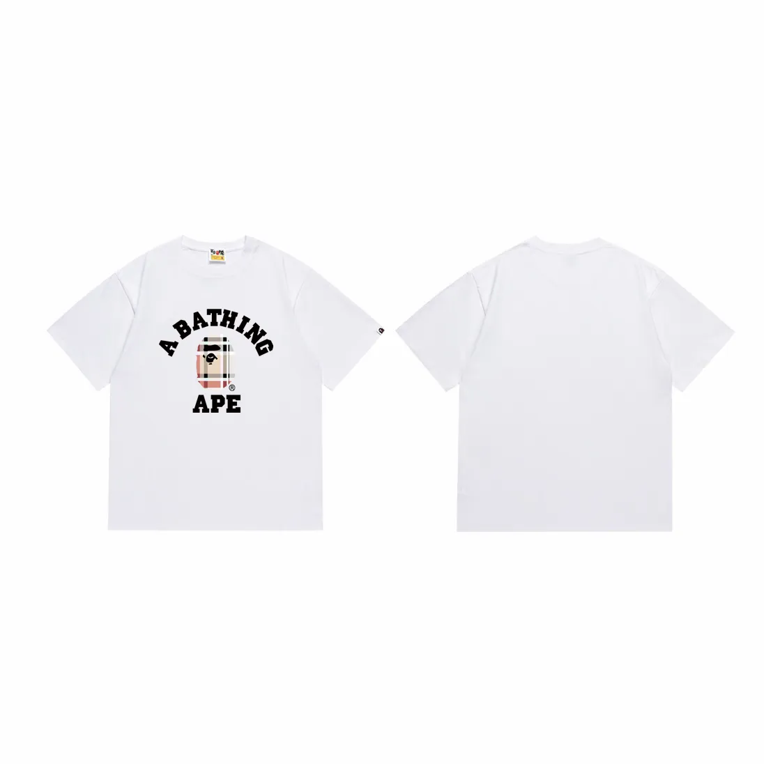 P110 001185 BAPE plaid ape print round neck short-sleeved T-shirt, same style for men and women, size smlxlxxl, black and white
