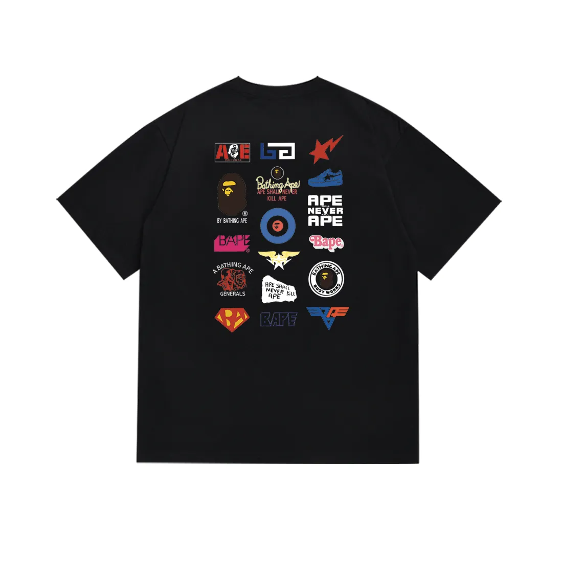 P110 SC033# (top version) BAPE back badge classic pattern collection double-sided printed short-sleeved T-shirt Made of 260 grams of high-quality high-weave pure cotton fabric, double yarn combed, soft texture and no pilling Imported environmentally friendly printing glue The pattern is bright and three-dimensional Quality 💥Same style for men and women The upper body is trendy Color: Black White Size: S M L XL XXL