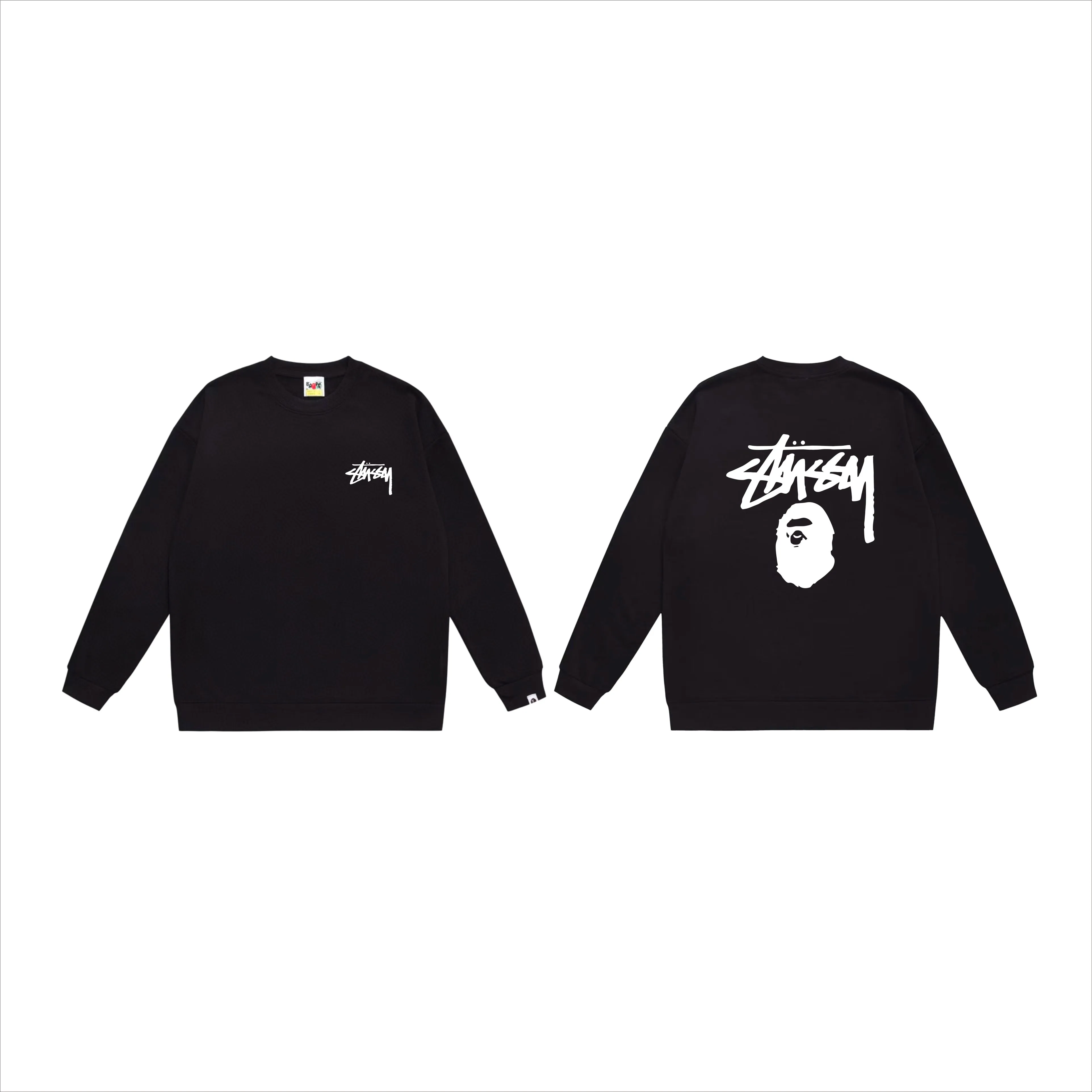P150 model number SC501# terry 75 plus velvet 80 (top version) BAPE×STUSSY co-branded Stussy letter round neck sweatshirt Made of 350 grams of large terry (drop shoulder large version) fabric, soft texture and no pilling Imported environmentally friendly printing glue The pattern is bright and three-dimensional Quality 💥Same style for men and women The upper body is trendy Color: black white gray Size: S M L XL XXL