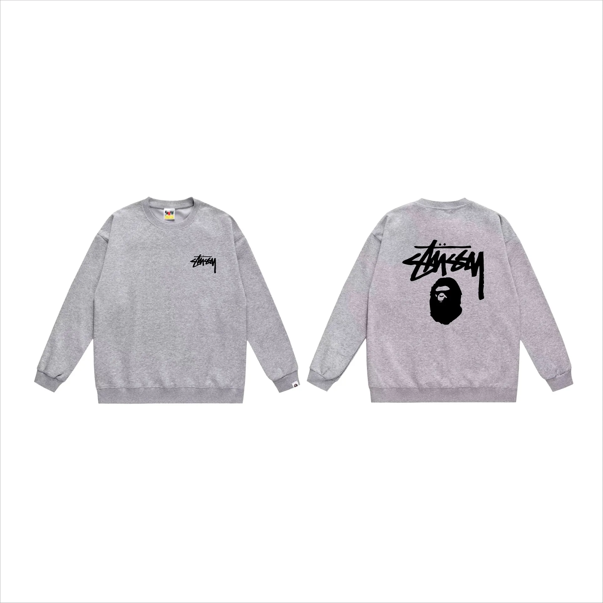 P150 model number SC501# terry 75 plus velvet 80 (top version) BAPE×STUSSY co-branded Stussy letter round neck sweatshirt Made of 350 grams of large terry (drop shoulder large version) fabric, soft texture and no pilling Imported environmentally friendly printing glue The pattern is bright and three-dimensional Quality 💥Same style for men and women The upper body is trendy Color: black white gray Size: S M L XL XXL